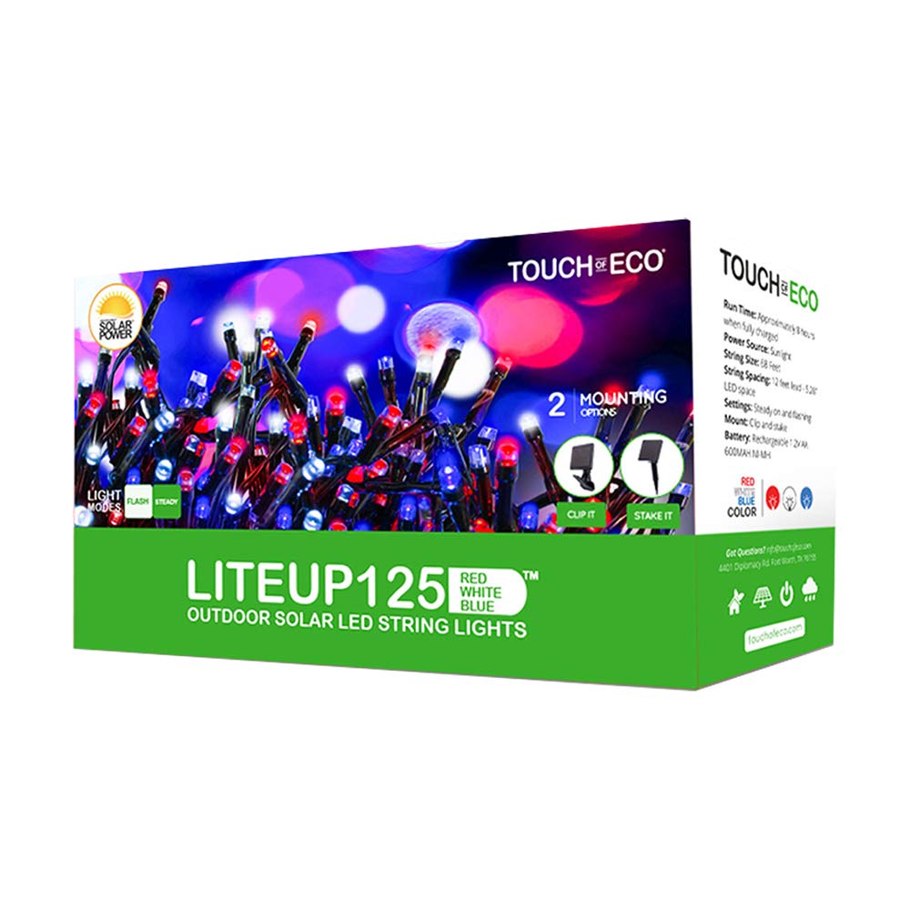 125 LED Solar String Lights - 68ft Waterproof Outdoor & Indoor Lights with 2 Modes & Mounting Options | Perfect for Holiday Decor, Party, Garden, Patio, Wedding (Red, White & Blue)