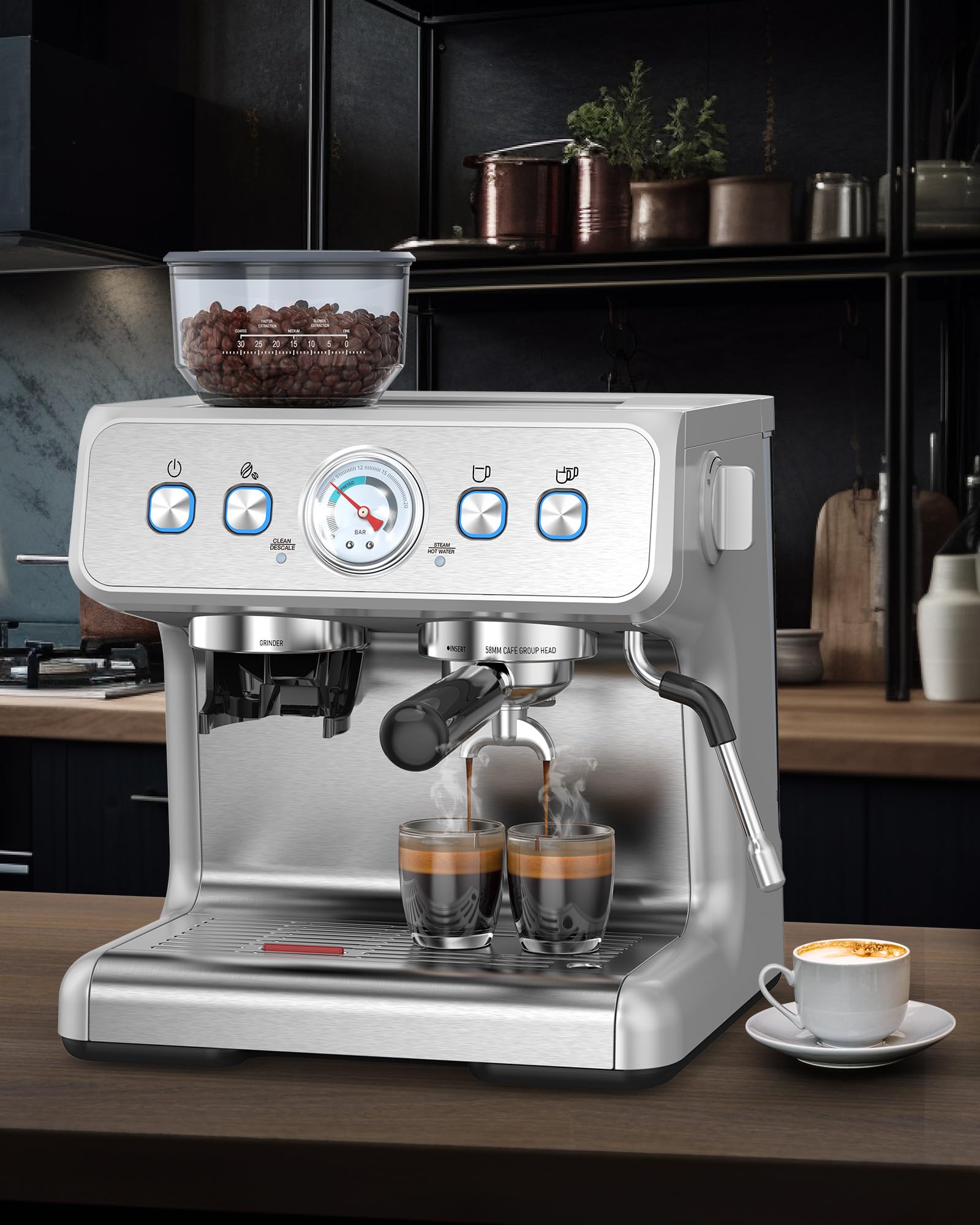 COWSAR 15 Bar Semi-Automatic Espresso Machine with Built-in Coffee Grinder & Milk Frother, 75oz Removable Water Tank - Perfect for Making Cappuccino, Latte at Home or Office, Stainless Steel Coffee Maker