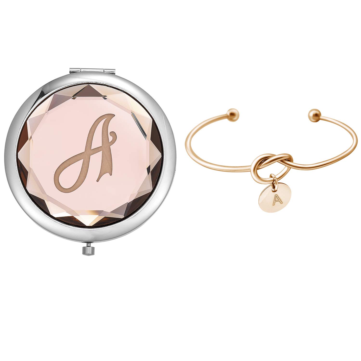 Elegant Compact Crystal Pocket Makeup Mirrors Set - Letter ABCD Design with Matching Love Knot Bracelet, Perfect for Bachelorette Parties, Bridesmaid Proposals & Wedding Gifts (Champagne A) | Ideal for Travel, Home Vanity & Special Occasion Gift Giving