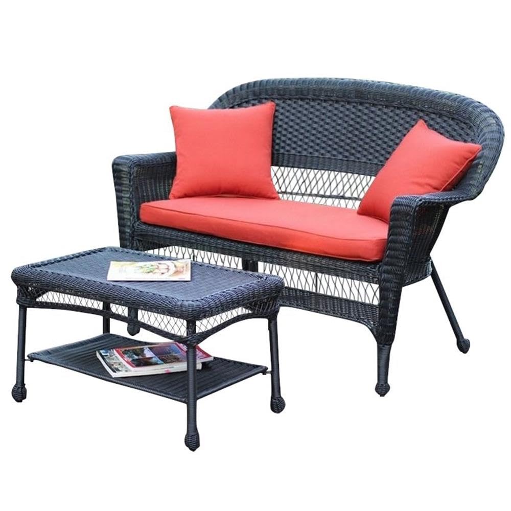 Jeco Black Wicker Patio Love Seat and Coffee Table Set - Outdoor Furniture for Garden, Balcony, and Poolside Relaxation