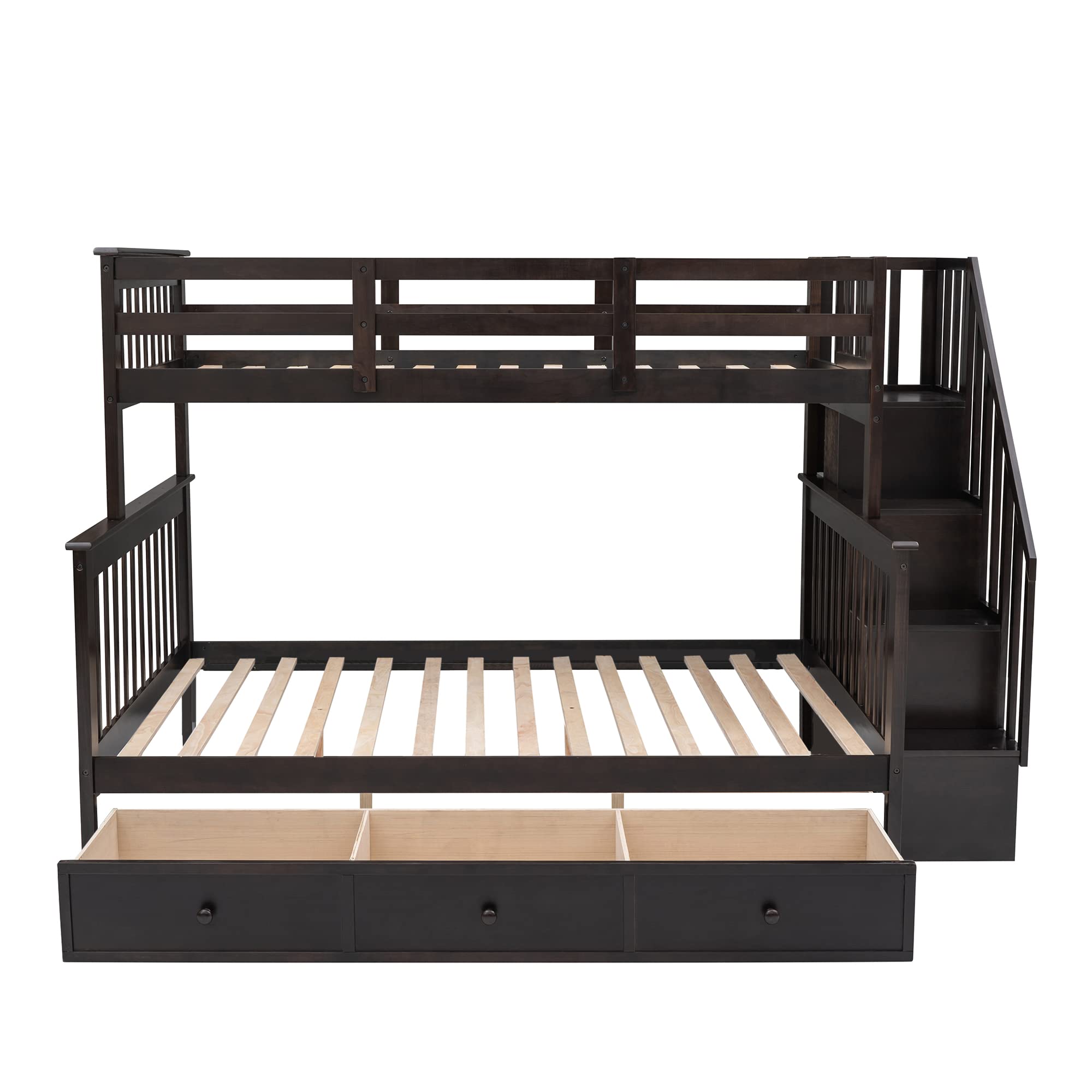 Twin Over Full Bunk Bed with Storage Drawer & Stairway - Solid Wood Bunk Beds for Kids with Storage Shelf, Full-Length Guard Rail - No Box Spring Needed (Espresso Finish) - Perfect for Small Bedrooms, Shared Kids' Rooms & Space-Saving Solutions