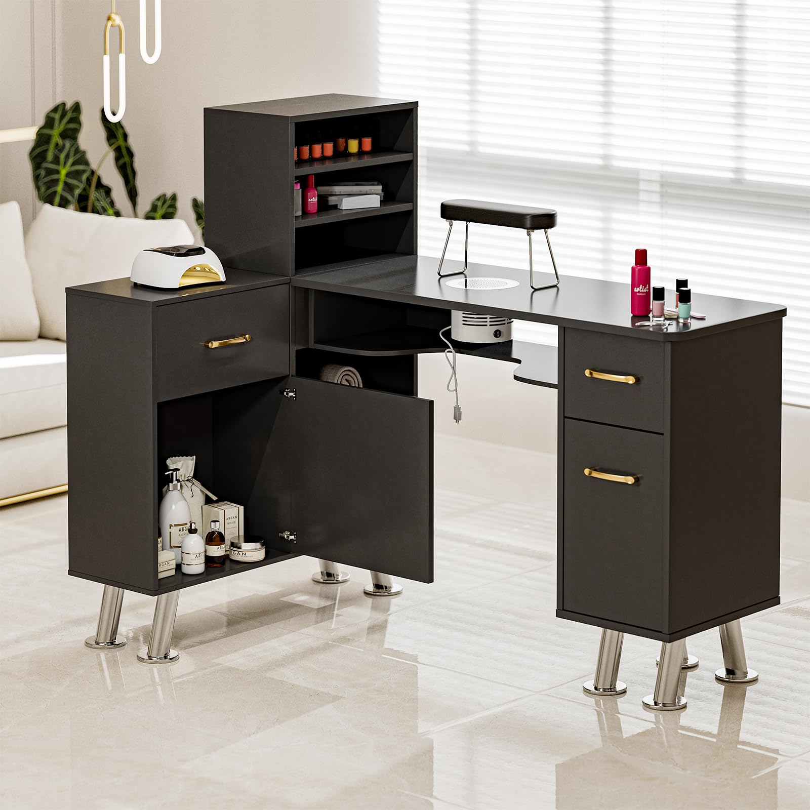Professional L-Shaped Manicure Table with Electric Downdraft Ventilation System - Foldable Nail Tech Station with Storage Shelves, Cabinets & Drawers - Black Salon Furniture for Nail Artists & Home Use | Perfect for Small Spaces & Mobile Nail Technicians