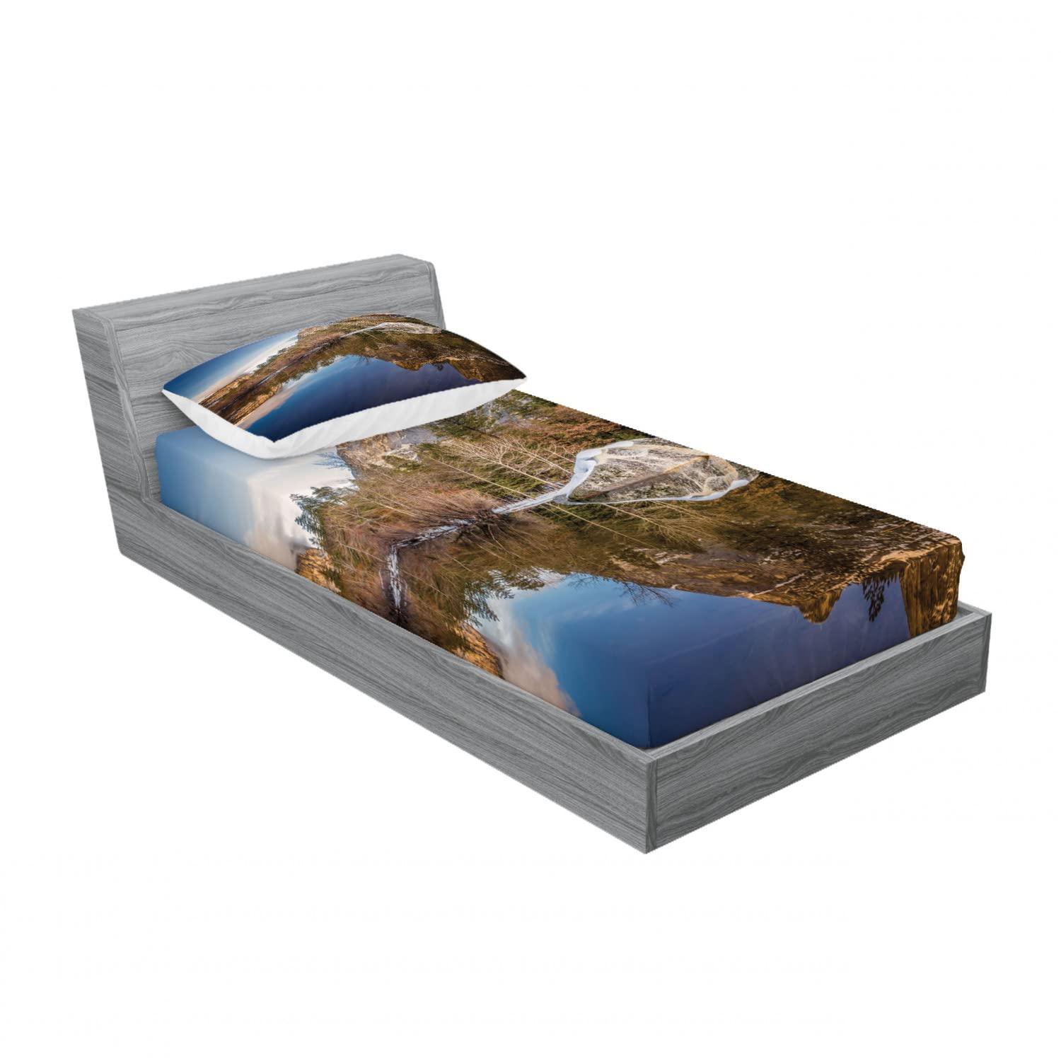 Ambesonne 2-Piece Twin Fitted Sheet Set with 2 Pillow Shams - Lake Mountain Sunset Design, Navy Brown Bedding Decor for Cozy Bedroom & Guest Room