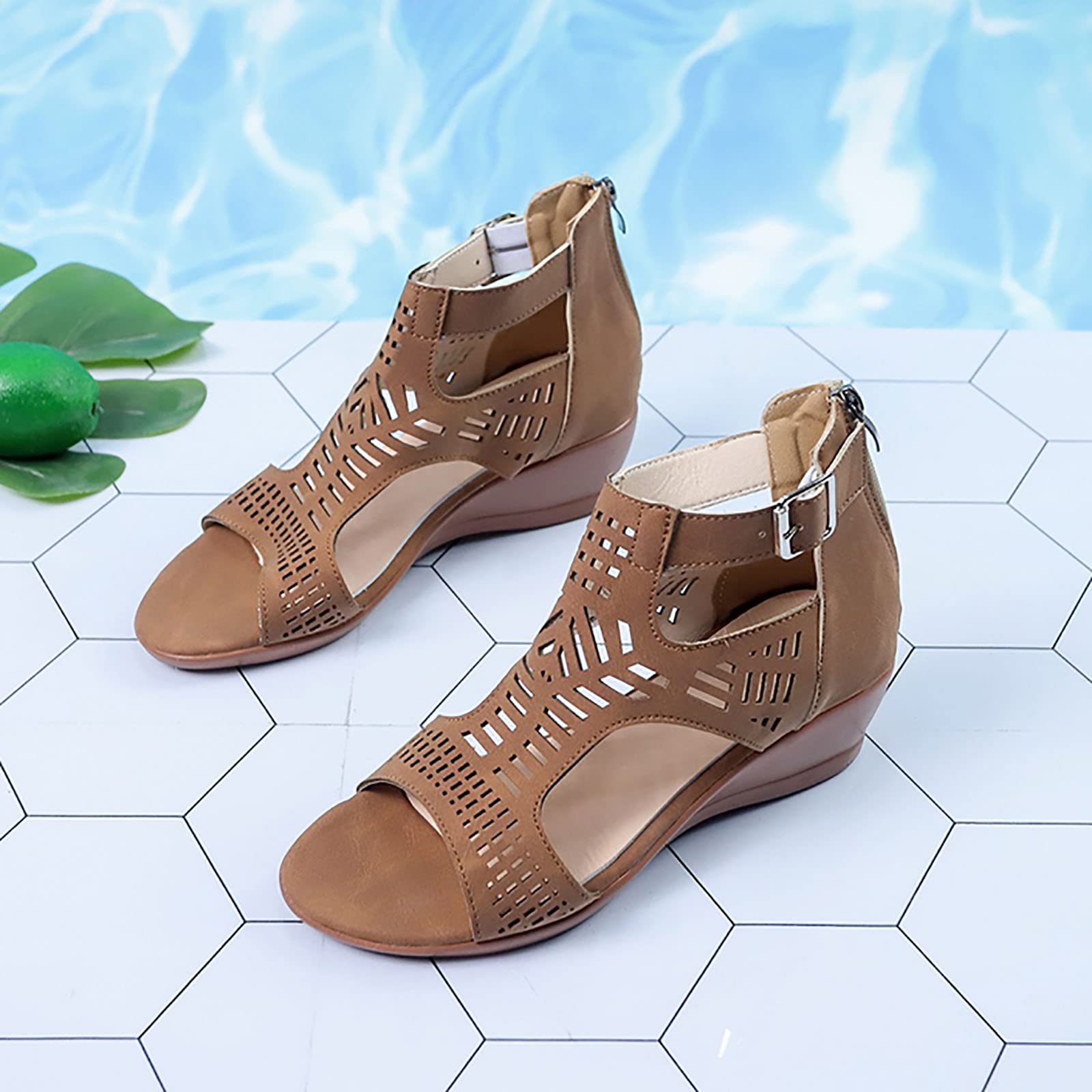 Women's Casual Buckle Cutout Peep Toe Wedge Heel Sandals - Stylish Summer Shoes for Beach, Vacation & Everyday Wear
