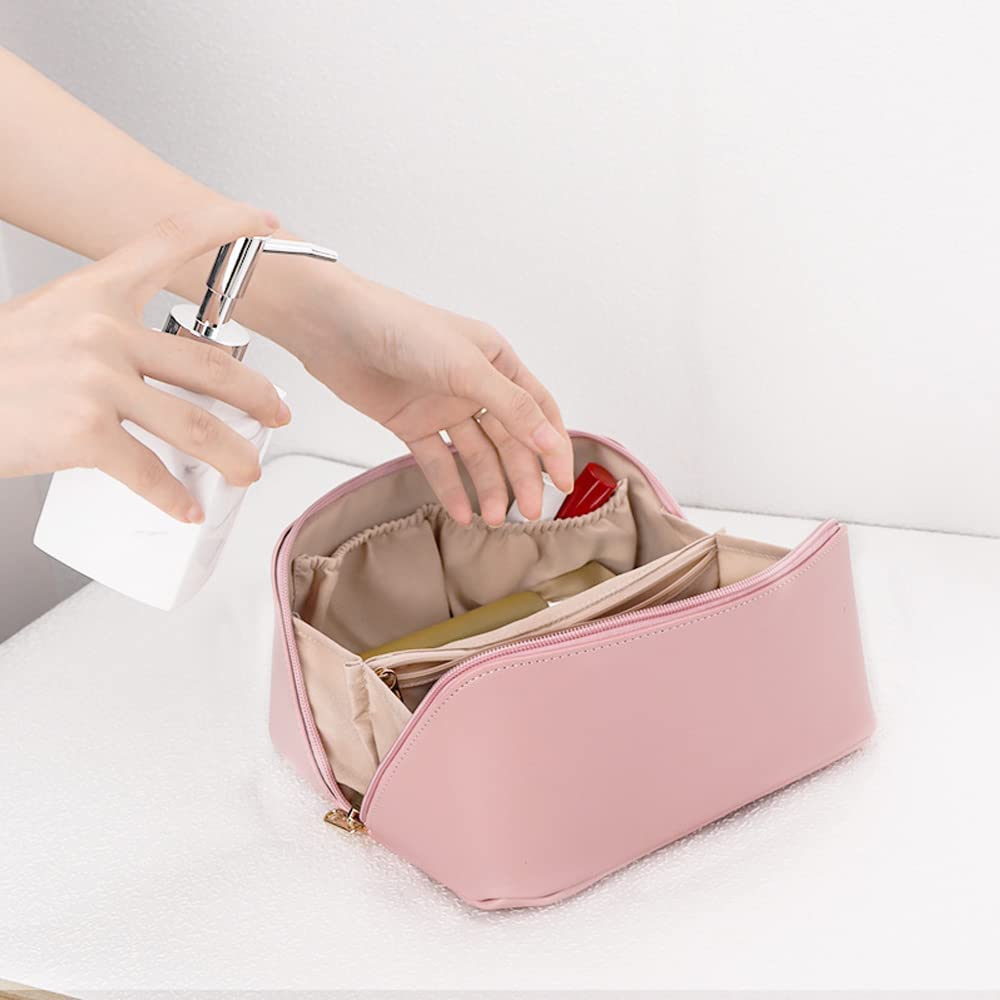 VEHTRI Large Capacity Waterproof Leather Travel Cosmetic Bag - Flat Opening Makeup Organizer with Handle & Divider for Easy Access | Perfect for Vacation, Business Trips & Daily Toiletry Storage