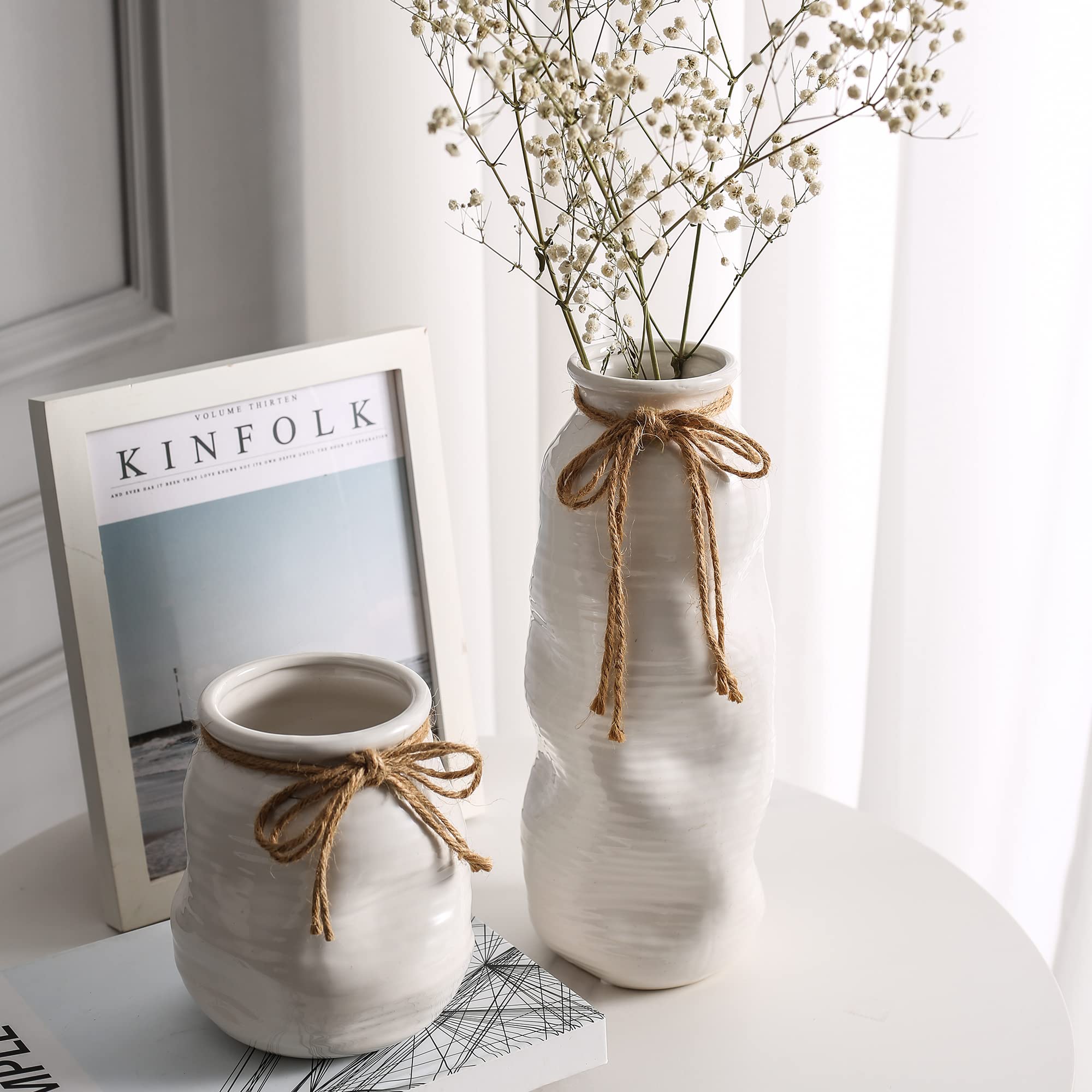 White Ceramic Flower Vase - Modern Farmhouse Centerpiece Decor for Entryway, Dining Table & Home Styling (6.3 Inch) - Perfect for Weddings, Living Room & Farmhouse Decor