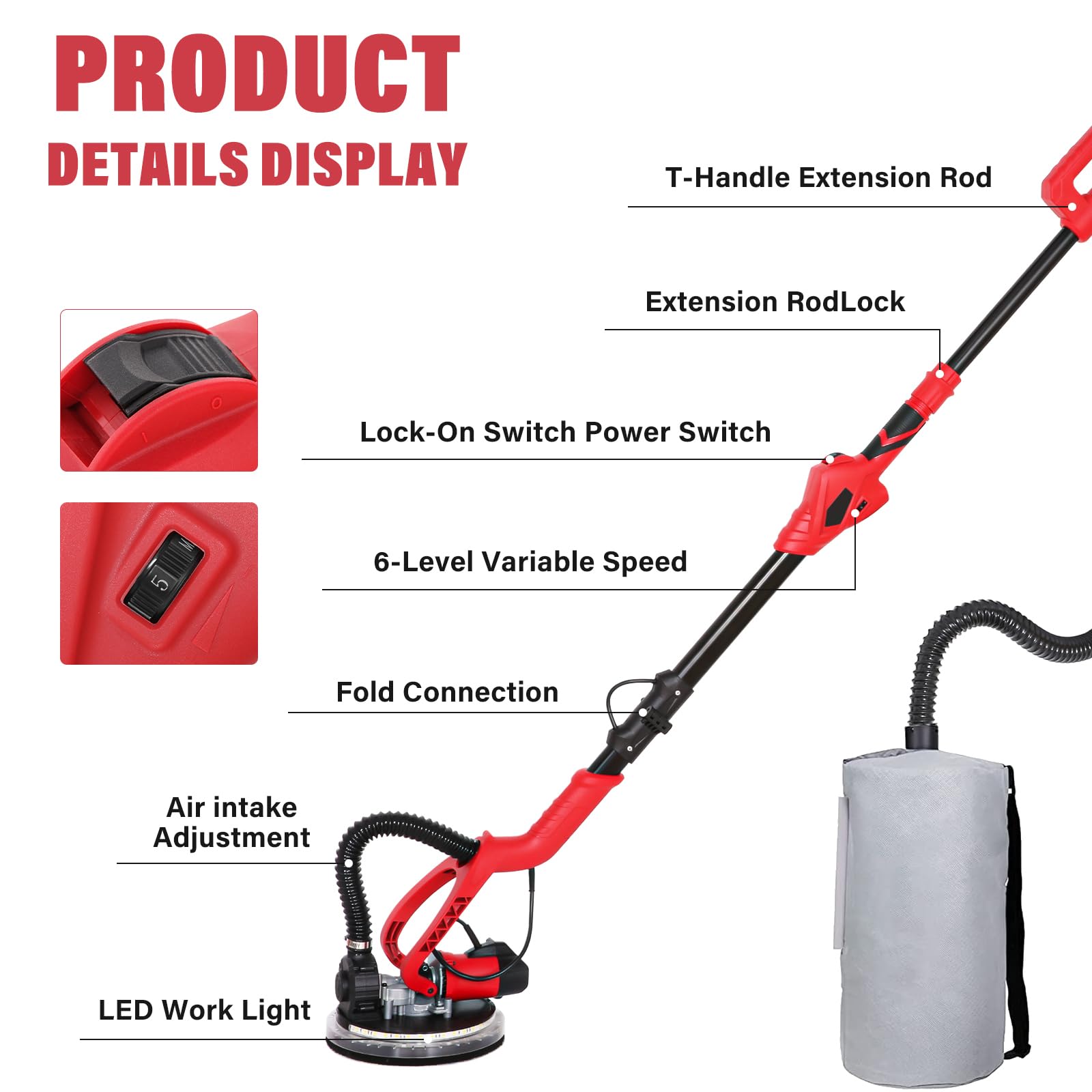 750W Electric Drywall Sander with Vacuum Dust Collection - 6 Speed Adjustable (1000-1850 RPM) for Popcorn Ceiling Removal - Includes 14Pcs Sandpaper, LED Light & Foldable Handle - Perfect for Home Renovation, Drywall Repair and DIY Projects
