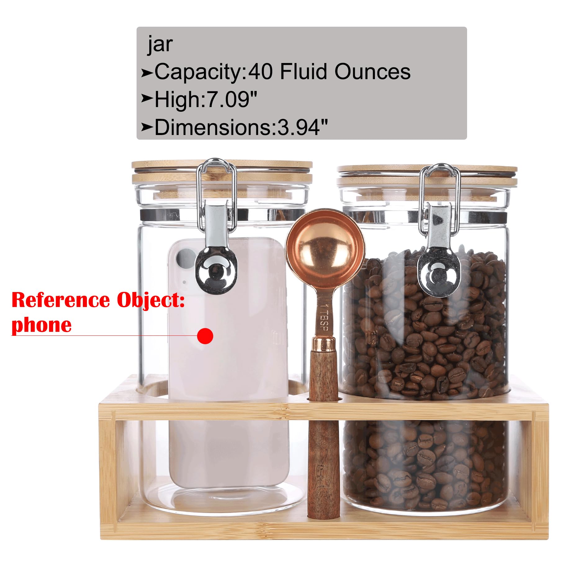 KKC HOME ACCENTS Airtight Glass Food Storage Jars with Bamboo Lids - Coffee Bean, Tea, Nut & Sugar Containers - Includes Scoop for Coffee Grounds | Perfect for Kitchen Pantry Organization & Coffee Bar Storage