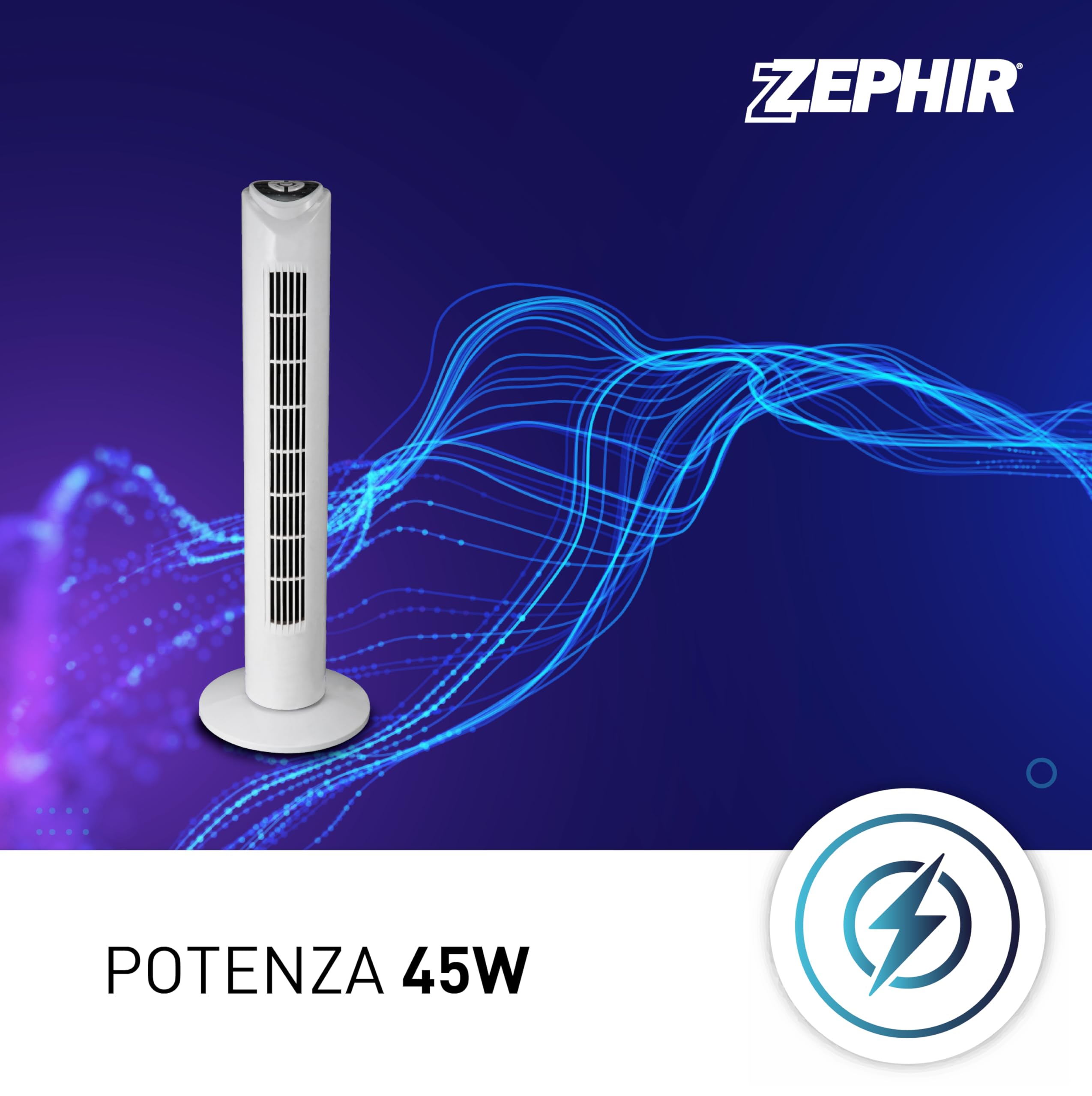 Zephir PH82TS Tower Fan with Remote Control, Timer, 45W, White - Quiet Cooling for Bedroom, Office & Living Room