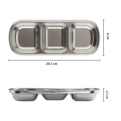 3-Piece Stainless Steel Divided Sauce Bowls - 3 Grid Dipping Dishes for Soy Sauce, Ketchup, Seasoning & Sushi | Perfect for Restaurants, Sushi Bars, Home Kitchens & Party Platters