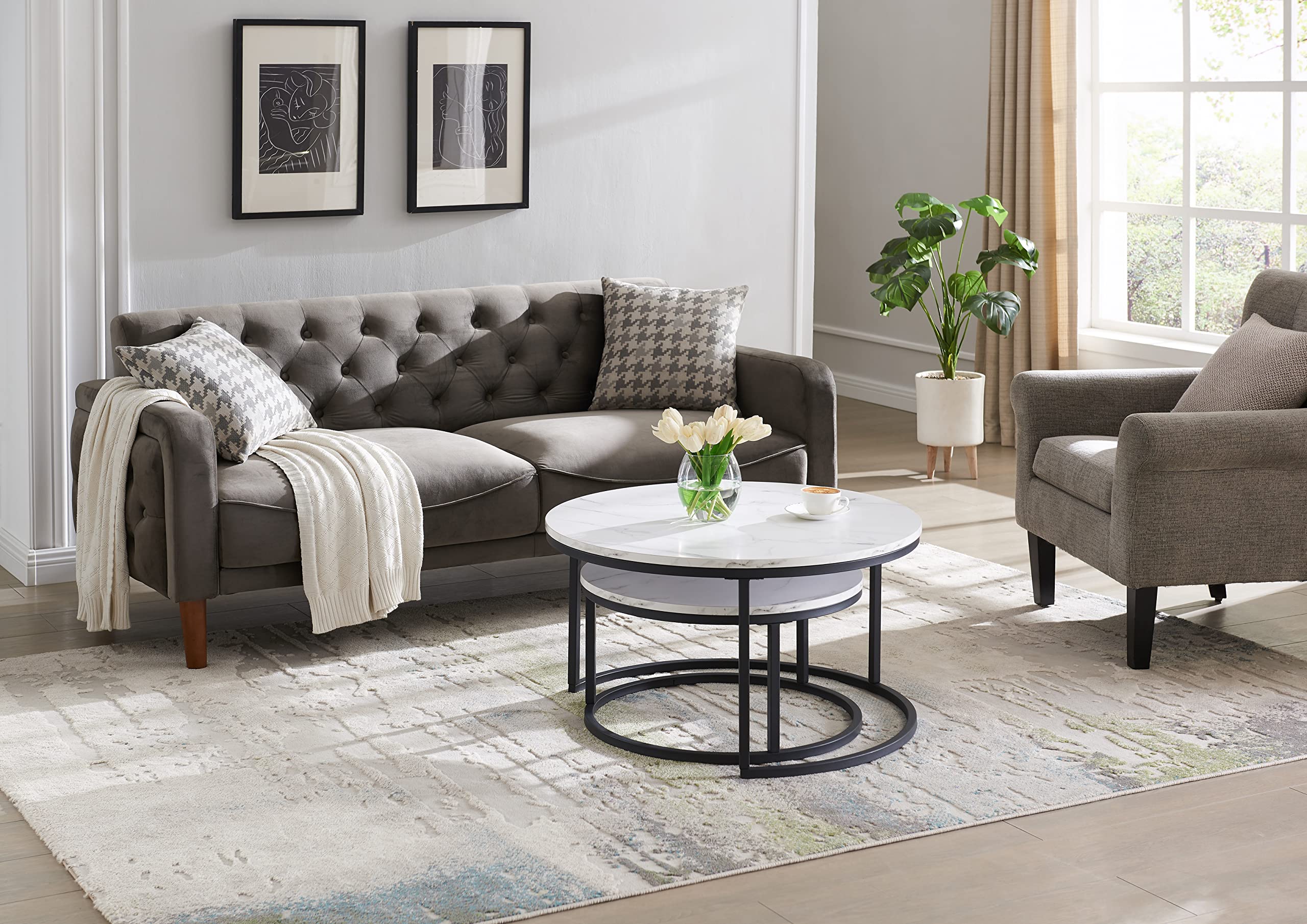 Modern Round Nesting Coffee Table Set of 2 - Mid Century Wood Accent with Faux Marble Tabletop & Black Frame - Perfect for Living Room, Office, Balcony - Great Gift for Thanksgiving & Christmas - Ideal for Small Spaces & Home Decor (White)
