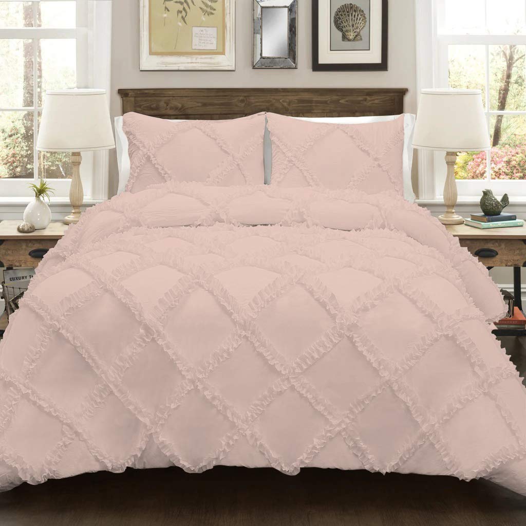800 Thread Count Egyptian Cotton Duvet Cover Set - Queen/Full Size, Blush Pink, Diamond Ruffle Design with Zipper & Corner Ties | Luxury Bedding for Master Bedroom, Guest Room & Hotel Use