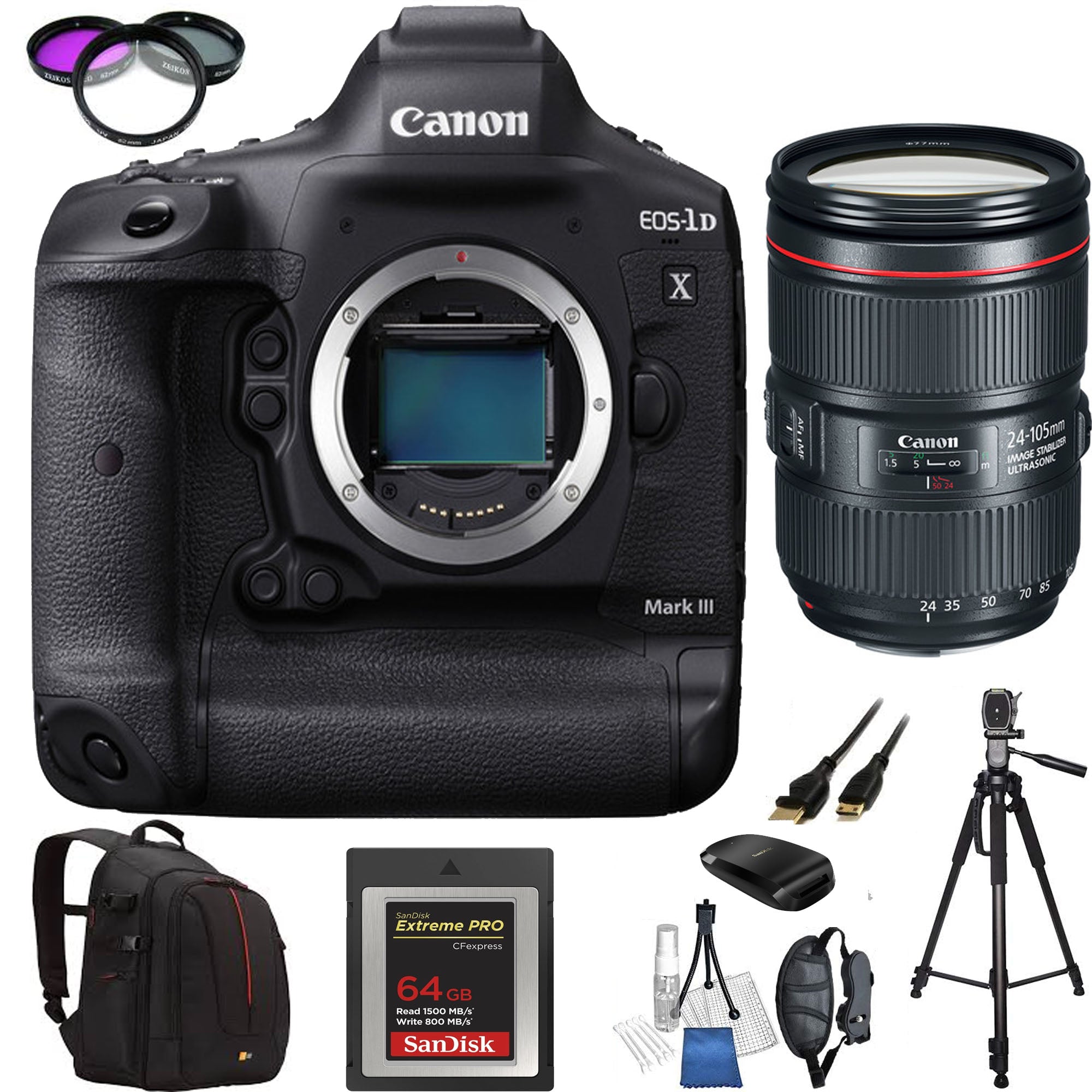Canon EOS 1D X Mark III Professional DSLR Camera with 24-105mm f/4L IS II USM Lens Kit - Includes SanDisk 64GB Extreme Pro Memory Card, 72