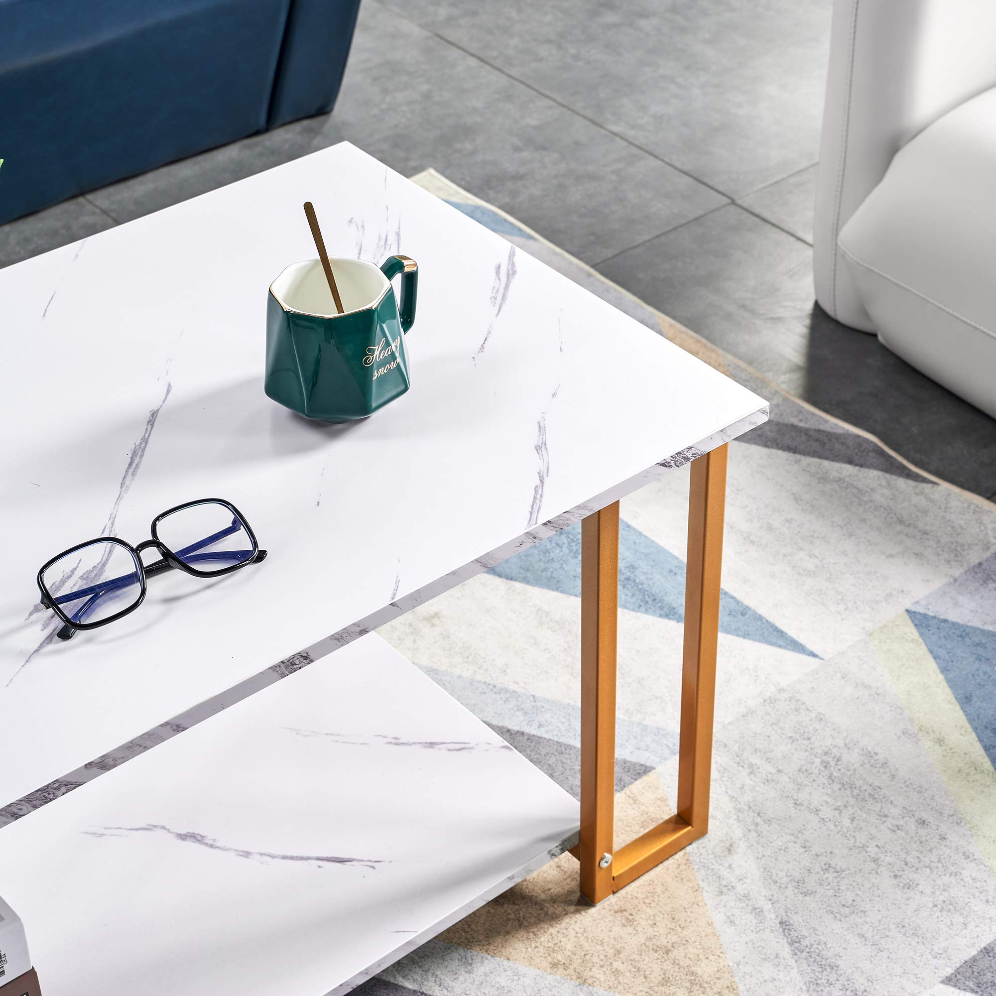 White Marble Print Modern Coffee Table with Shelf - Mid Century Rectangle End Table with Golden Metal Frame - 39 Inch Living Room Furniture for Small Spaces, Apartments & Home Decor
