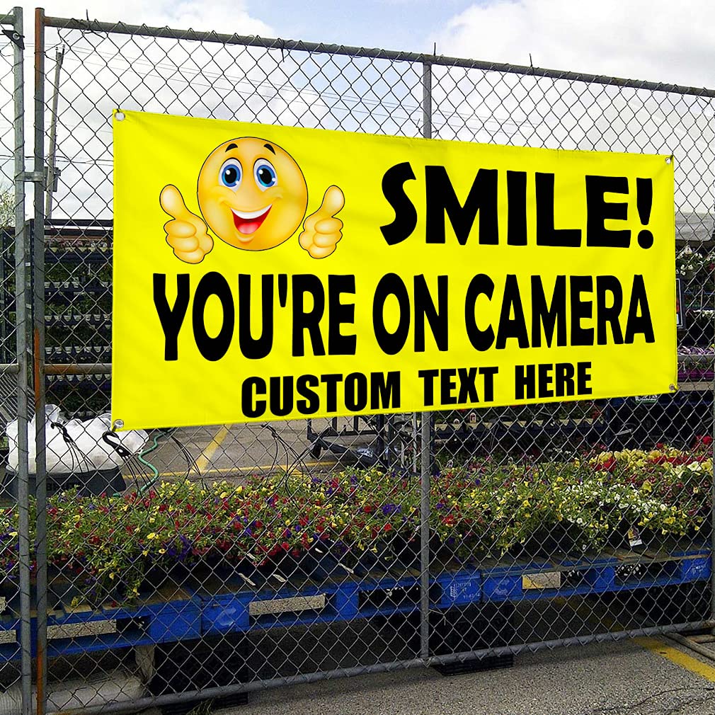 Custom Vinyl Banner - Personalized Text, 36x72 Inches, Multiple Sizes Available | Weatherproof Outdoor Yard Signs with 6 Grommets for Photography, Industrial Use & Security (Smile You're On Camera) - Perfect for Business Advertising, Events, Construction Sites & Home Security