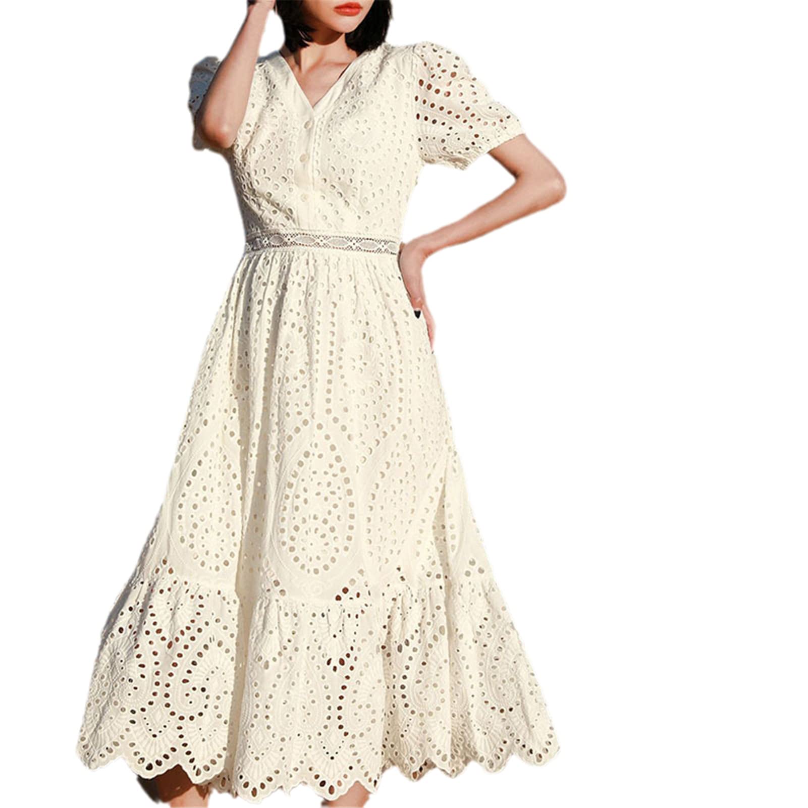 Vintage White Lace Summer Women's Long Maxi Dress - Short Sleeve Cotton Embroidery Beach Tunic for Vacation & Casual Wear | Perfect for Beach Outings, Date Nights, and Summer Parties