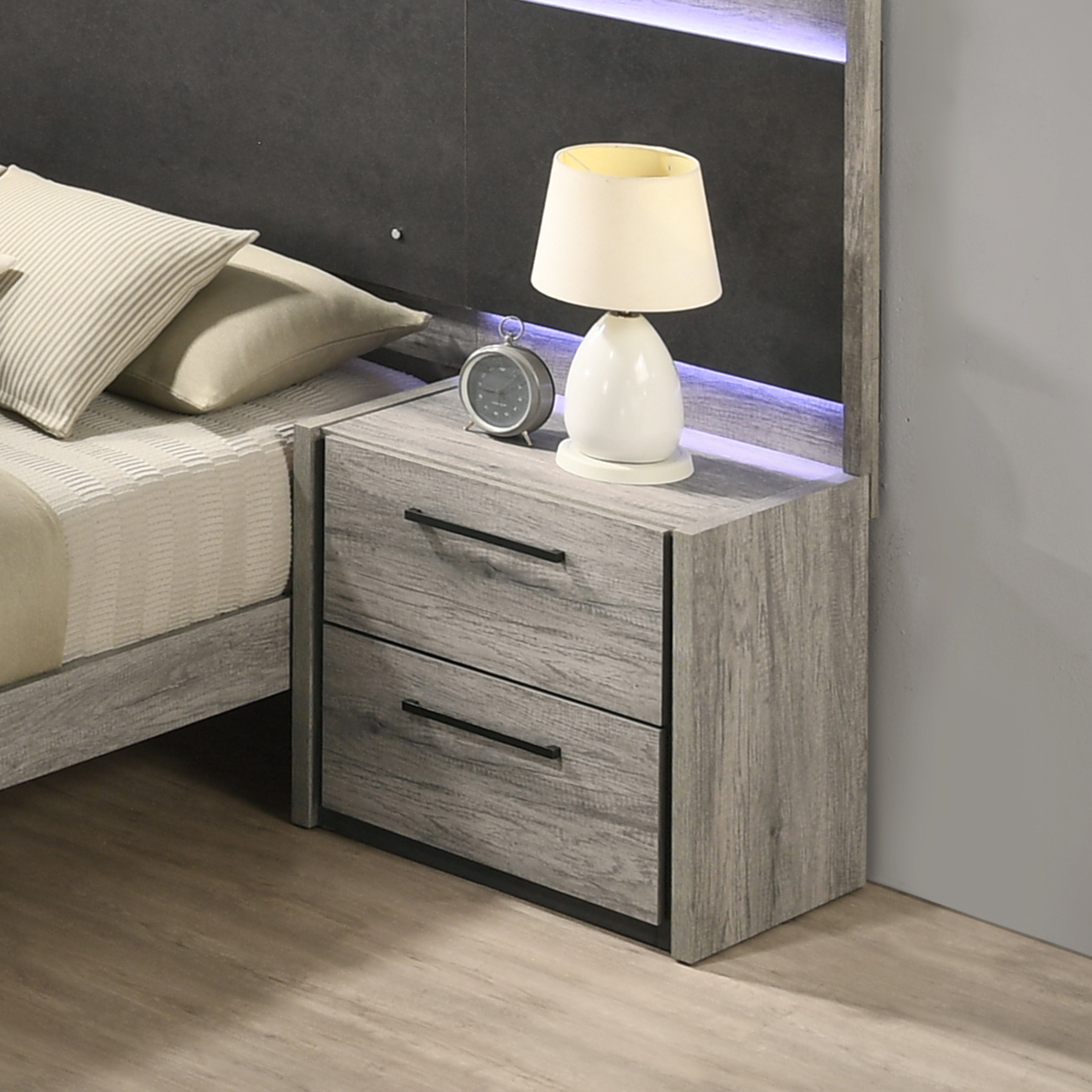 Roundhill Furniture Lenca 2-Drawer Nightstand in Weathered Gray - Modern Bedside Table for Bedroom, Guest Room & Nursery Storage
