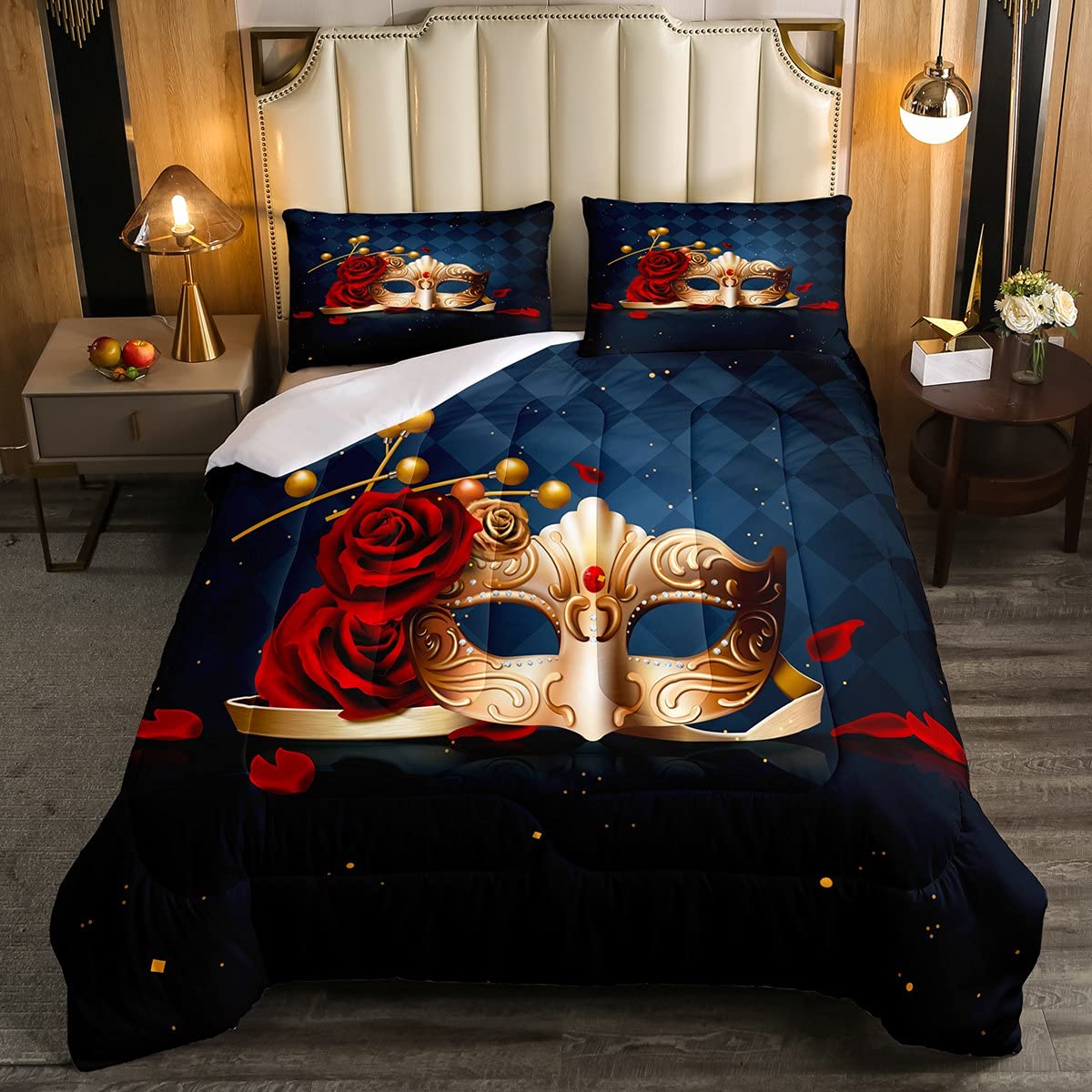 Red Rose Floral Comforter Set with Diamond Geometric Design - Queen Size Down Alternative Bedding for Girls & Women (1 Comforter + 2 Pillowcases) | Perfect for Bedroom Decor, Dancing Parties & Gift Giving in Gold & Blue