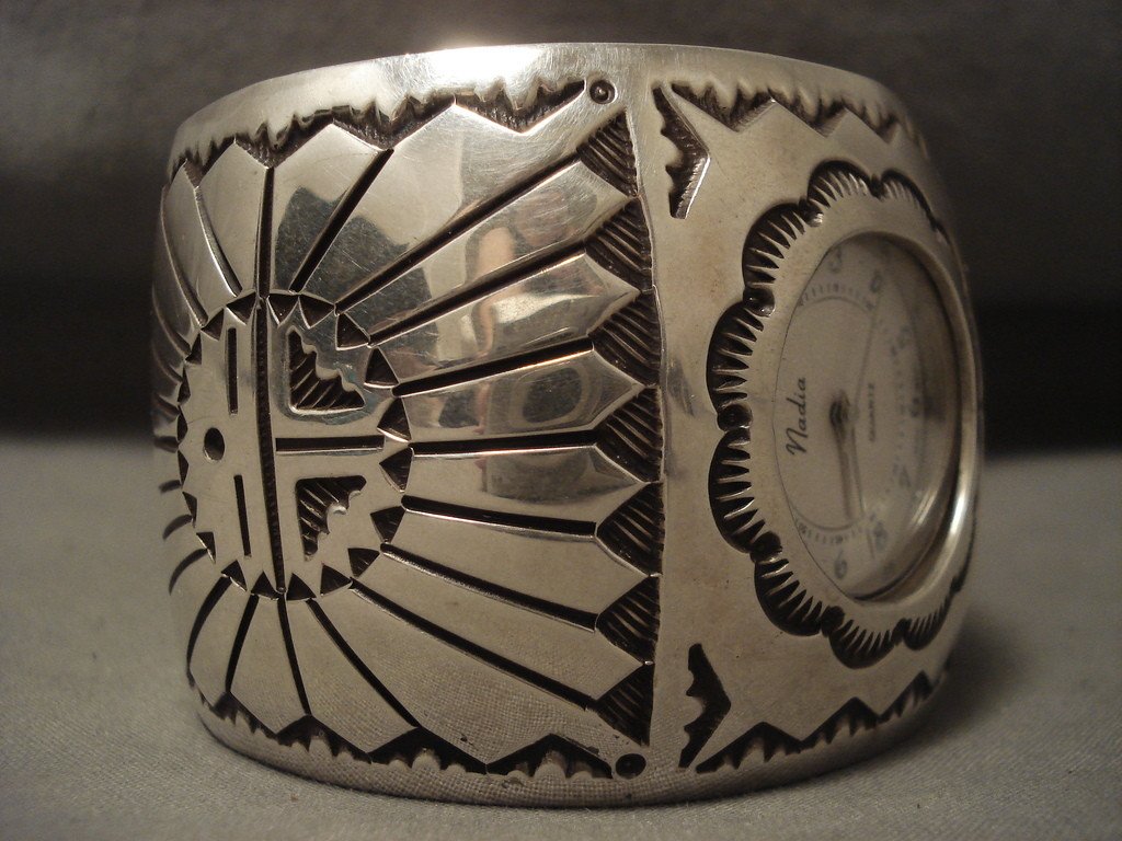 110 Grams Wide Vintage Navajo Native American Jewelry Silver Sun Watch Bracelet - Handmade Sterling Silver Bangle for Women, Boho Chic Accessories, Perfect for Festivals, Weddings & Everyday Wear