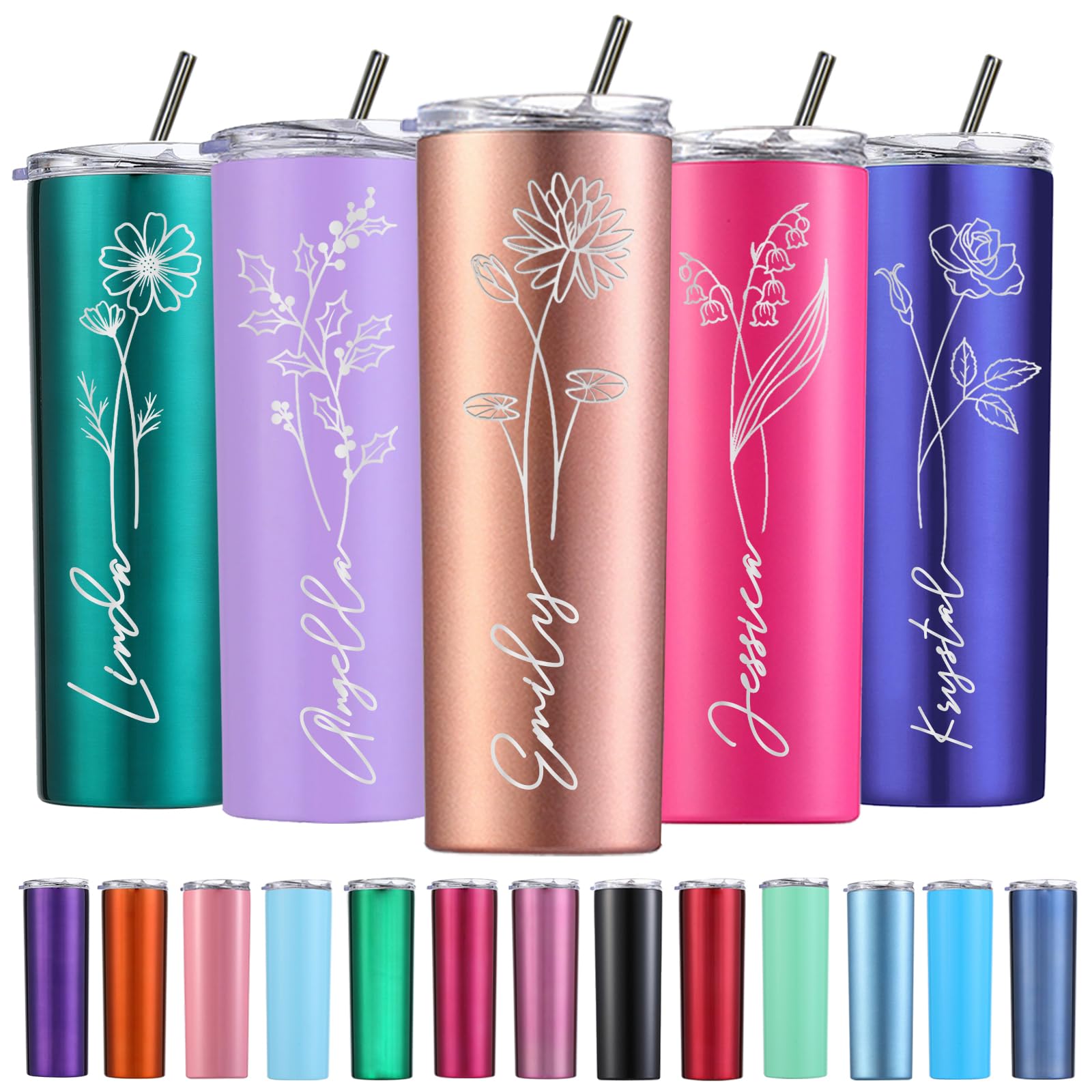 **Personalized Tumbler Cups for Women - Custom Engraved Name & Birth Flower - 20oz Insulated Skinny Tumbler with Lid & Straw - Unique Birthday, Bridesmaid, Valentine's Day Gifts - Perfect for Coffee, Tea & On-the-Go Hydration**