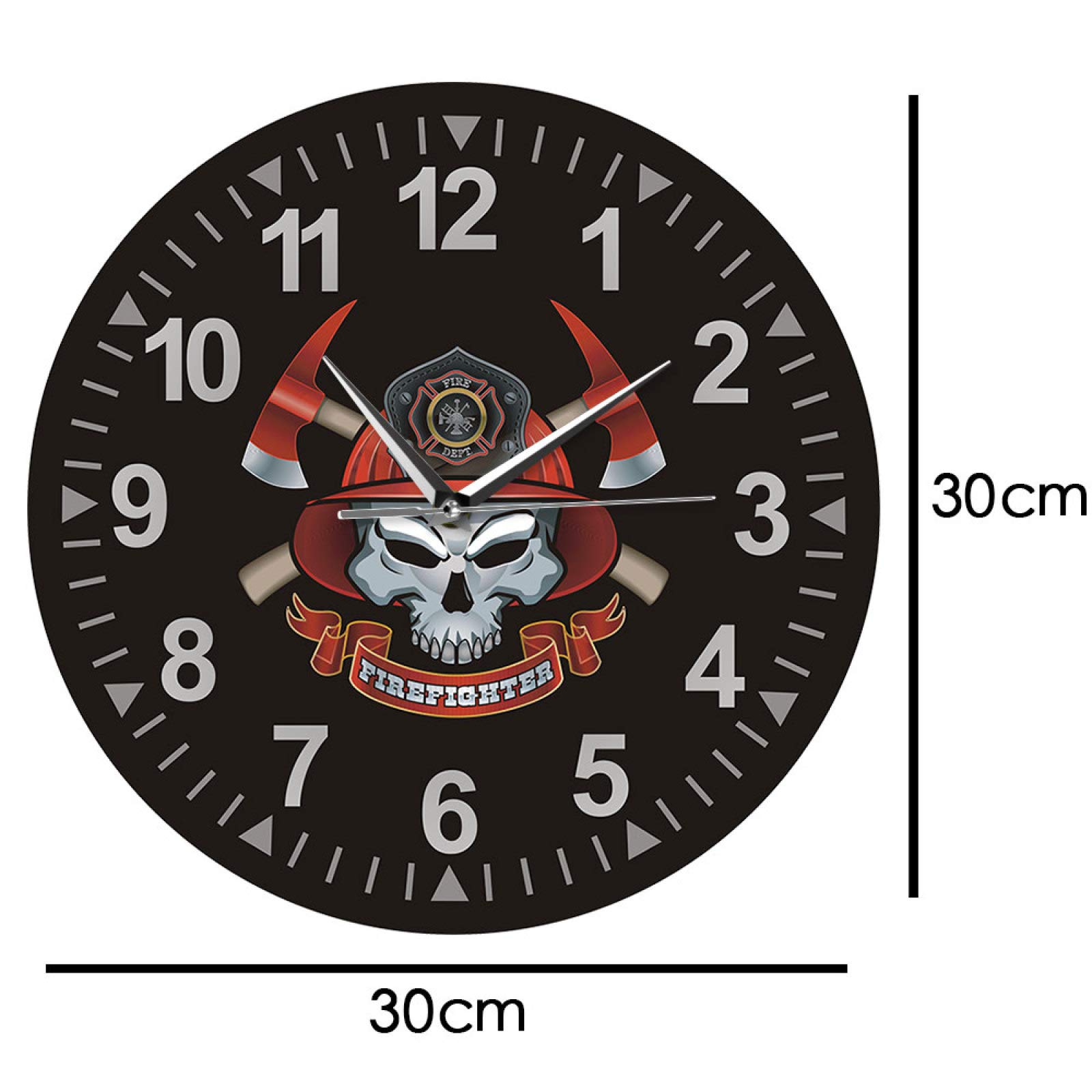 Firefighter Skull Wall Clock with Crossed Axes - Silent Non-Ticking Fire Department Decor - Maltese Cross Firemen Theme Clock for Home, Office, or Fire Station