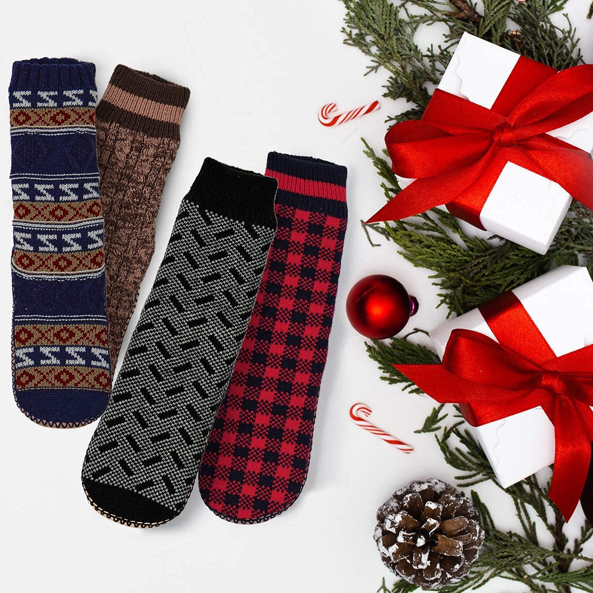 Men's Winter Cable Knit Non-Slip Slipper Socks - Cozy Soft Sherpa Lined Indoor Socks for Warmth & Comfort - Perfect for Home, Lounge & Cold Weather Wear