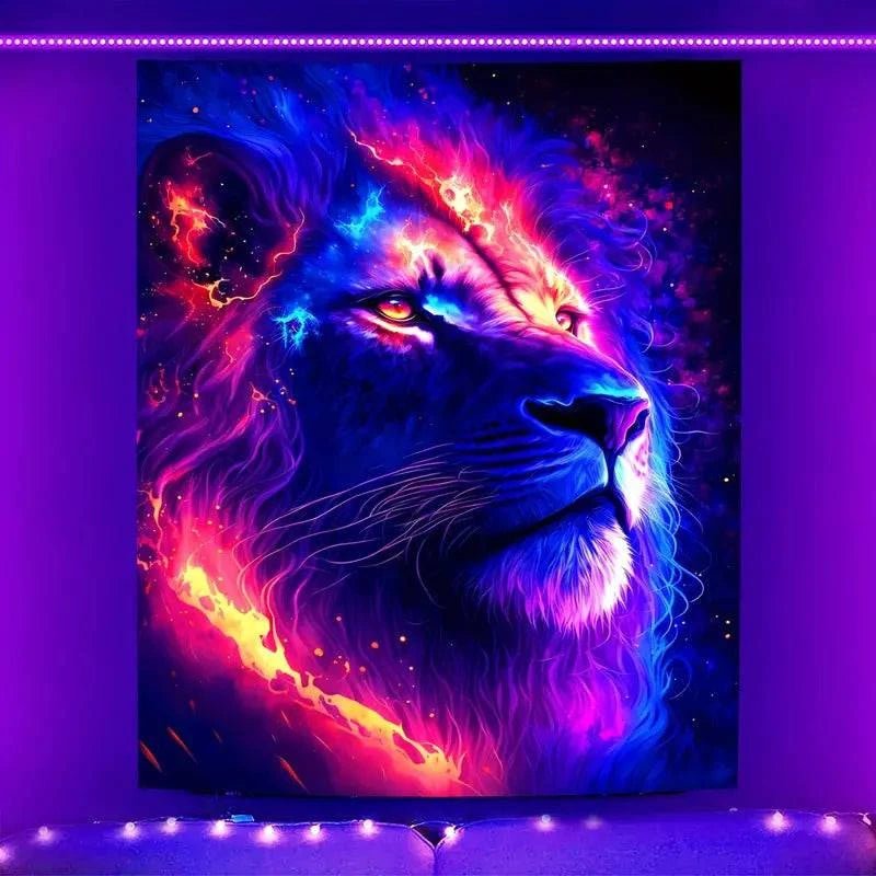 Lion Tapestry Wall Hanging - UV Reactive Glow in The Dark Art Decor for Bedroom, Dorm & Festival - Unique Hippie Boho Tapestry for Home Decor