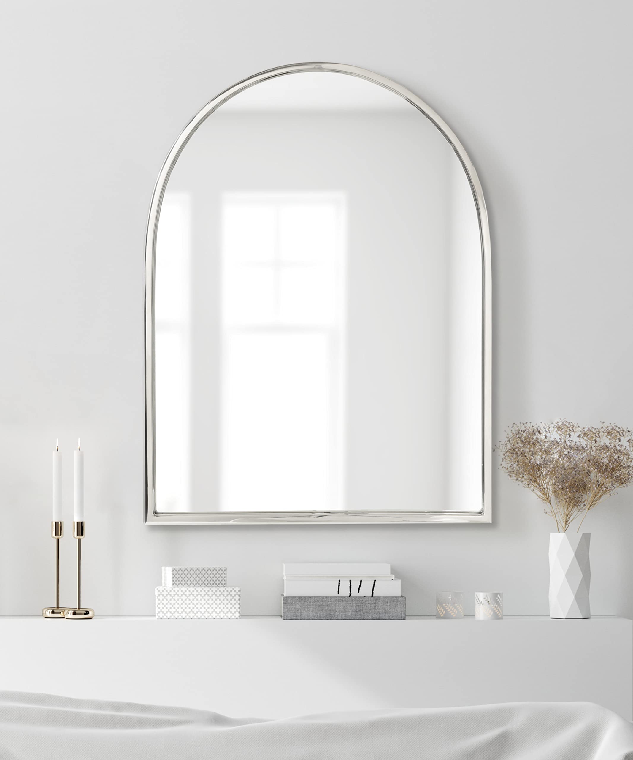 Kate & Laurel Rowla Modern Arched Wall Mirror - 24x32 Inches Silver Glam Mirror with Polished Stainless Steel Finish - Elegant Home Decor for Living Room, Bedroom & Entryway