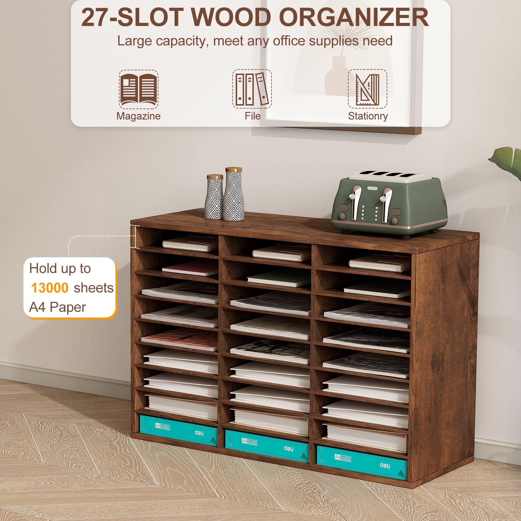 TQVAI 27-Slot Wooden Mail Sorter Organizer - Classroom & Home Office Desktop File Organizer with Antique Finish | Perfect for Letters, Bills, Documents, and Paper Storage in Schools, Offices, and Workspaces