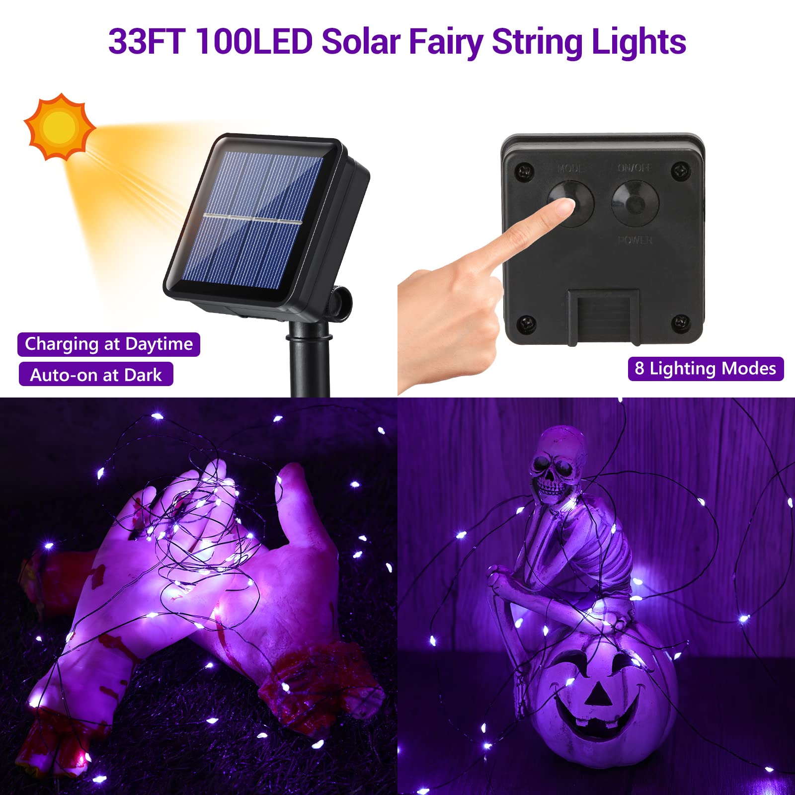 Lomotech 2 Pack Solar Halloween Lights - 66ft 200LED Purple Waterproof Fairy String Lights with 8 Modes for Outdoor Halloween Party, Garden, Yard, and DIY Decoration - Black Wire - Perfect for Halloween Decor, Patio Lighting, and Spooky Atmosphere
