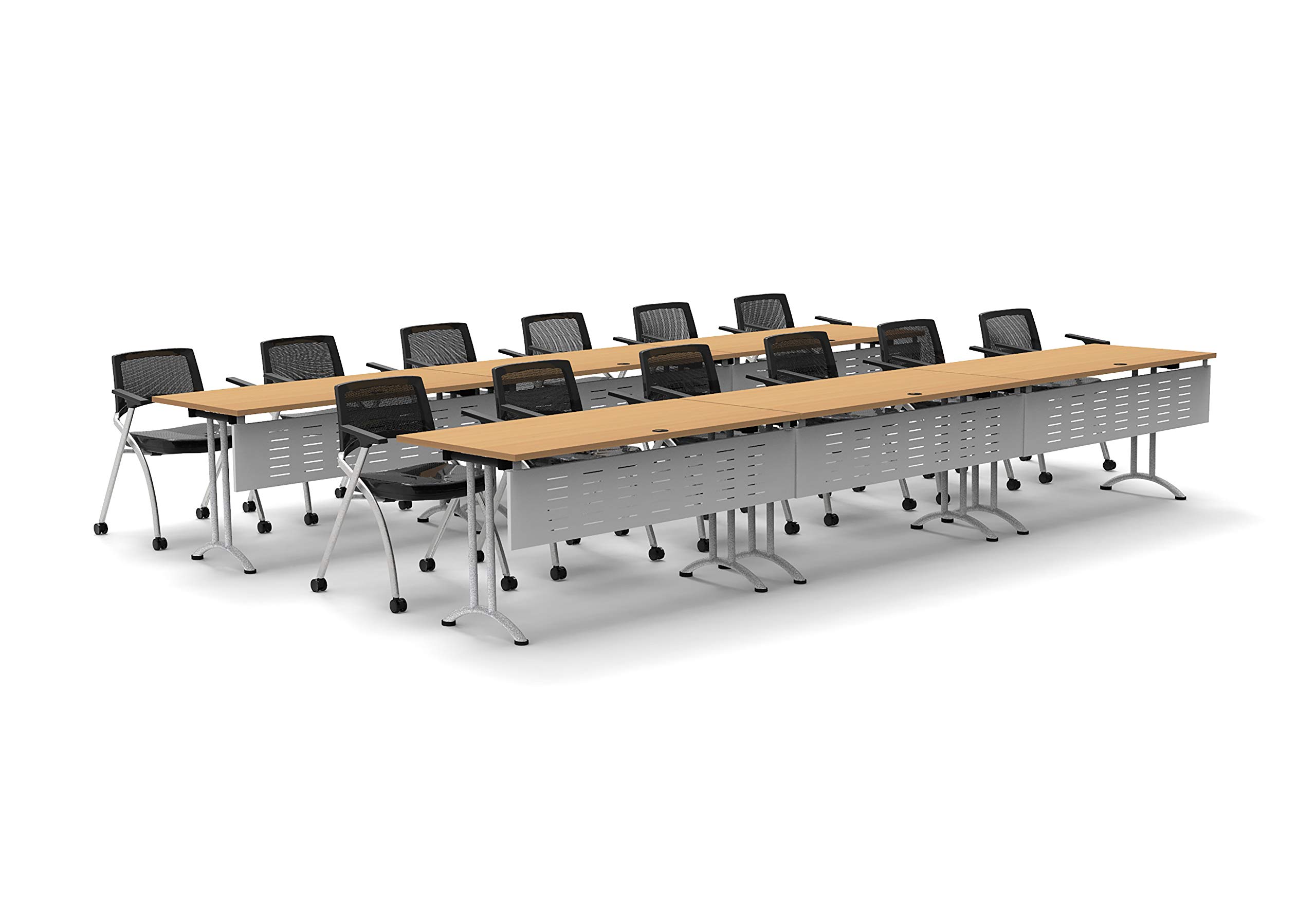 12-Person Folding Conference Table Set with 24 Task Chairs & Modesty Panels - Beechwood Color, Connectable Design for Meetings, Seminars & Classrooms - Space-Saving Foldable & Nestable for Easy Storage