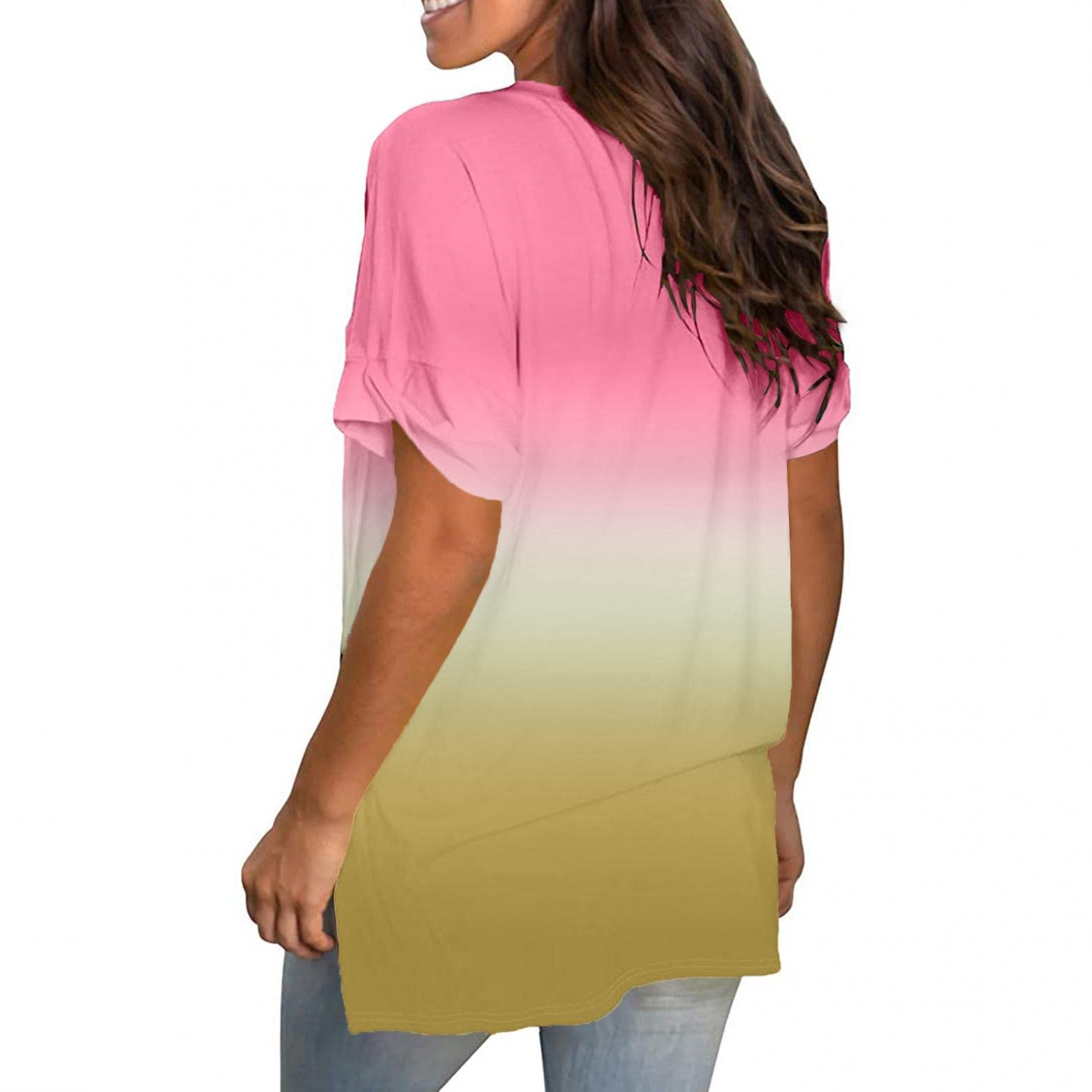 Women's Casual Short Sleeve V-Neck Gradient Print Blouse - Summer Loose Pullover T-Shirt Top for Everyday Wear, Beach Outings & Weekend Outfits