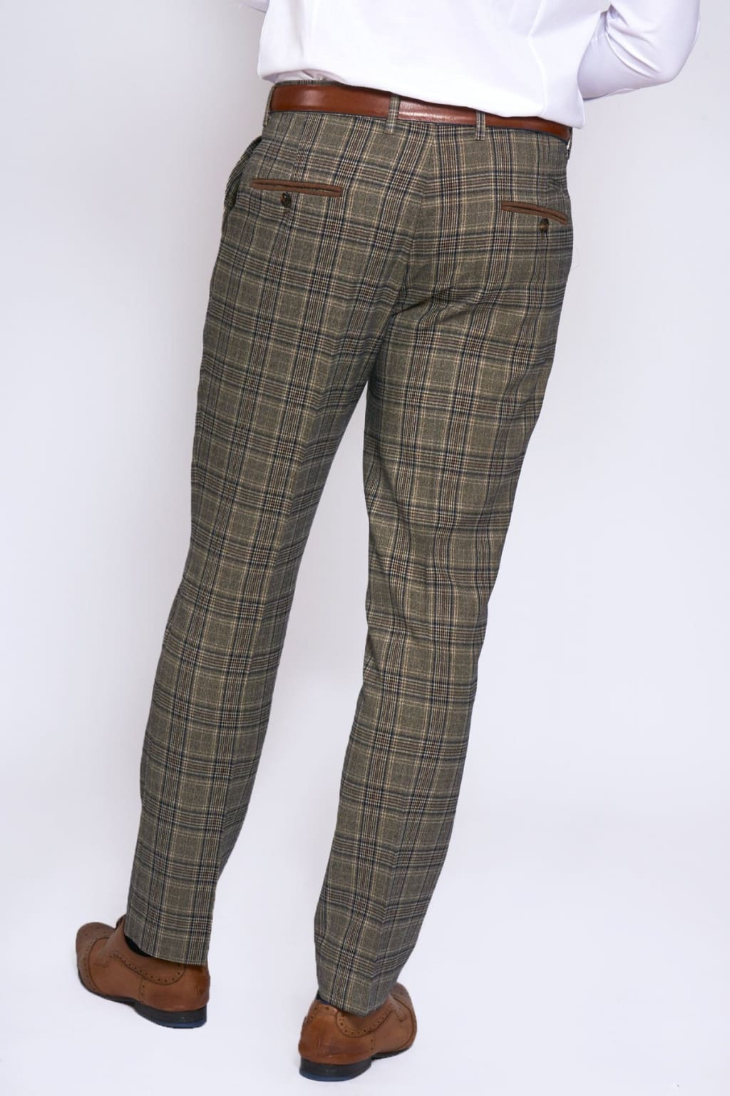 Marc Darcy Enzo Tan Check Tweed Trousers for Men - Classic Slim Fit Dress Pants for Office, Business & Formal Occasions