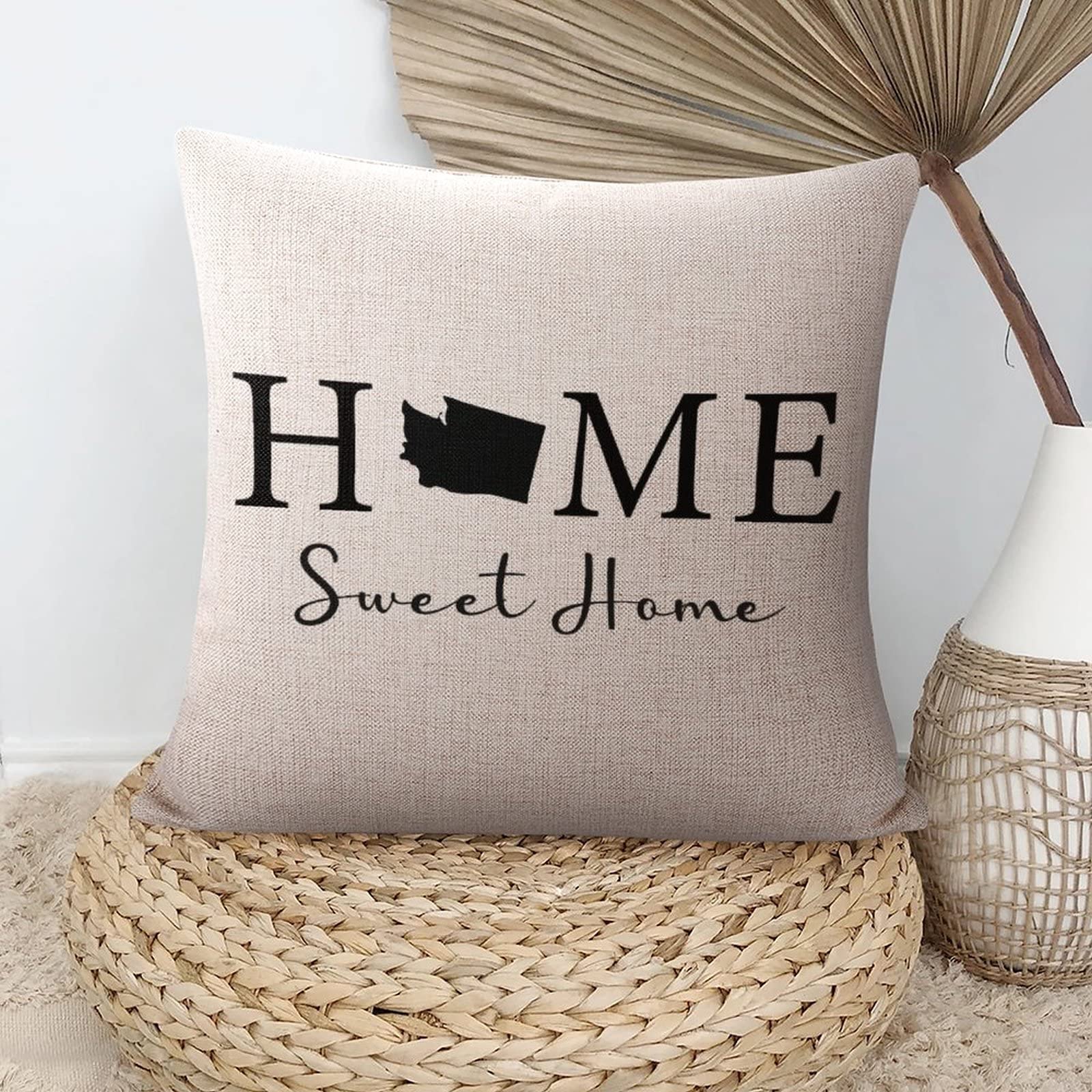 Washington State Map Linen Throw Pillow Covers 20x20 Inches - Farmhouse Home Sweet Home Decorative Cushion Covers for Living Room, Bedroom, Sofa - Cozy Home Decor & Gift Idea