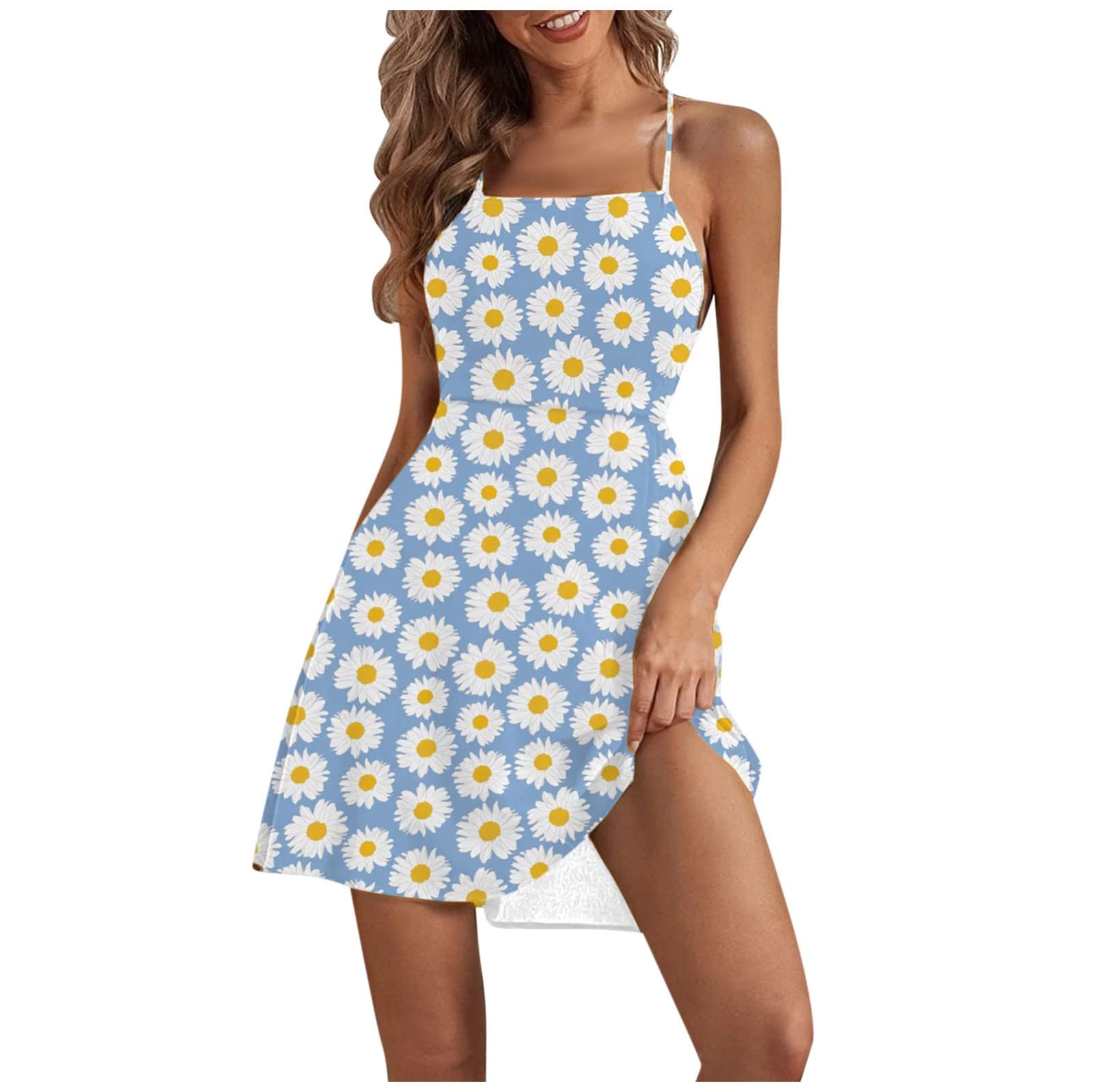 2023 Women's Summer Dresses with Sleeves - Elegant Church & Evening Gown with High Waist, Backless Design, Side Slit - Sexy Casual Printed Dress (S, Sky Blue) | Perfect for Weddings, Parties, Beach Vacations & Date Nights