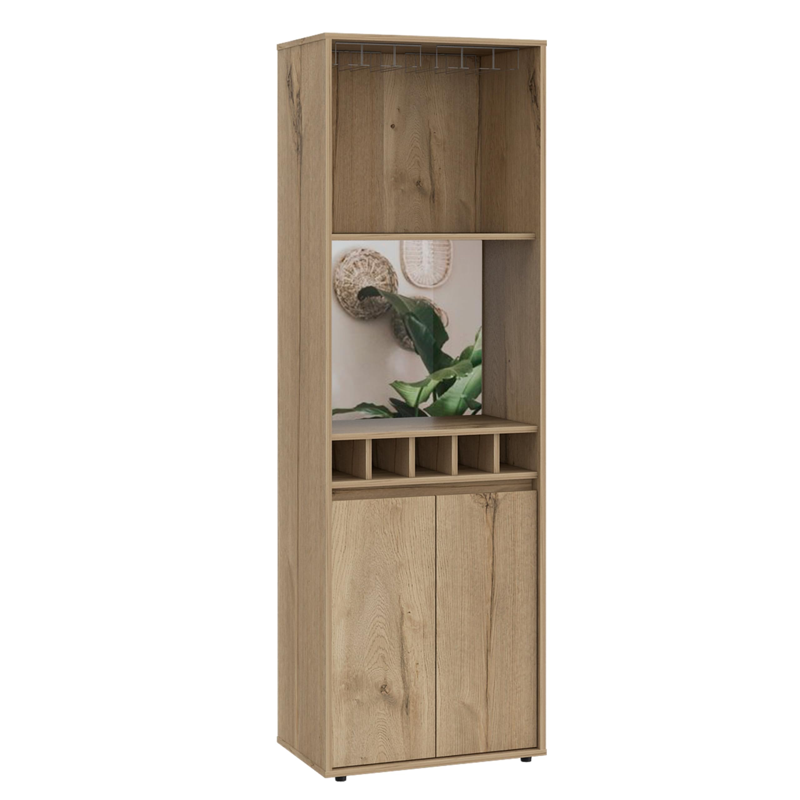 Tuhome Prana Bar Cabinet with 2 Shelves & 5-Bottle Wine Rack - Light Oak Double Door Storage for Living Room, Dining Room or Home Bar