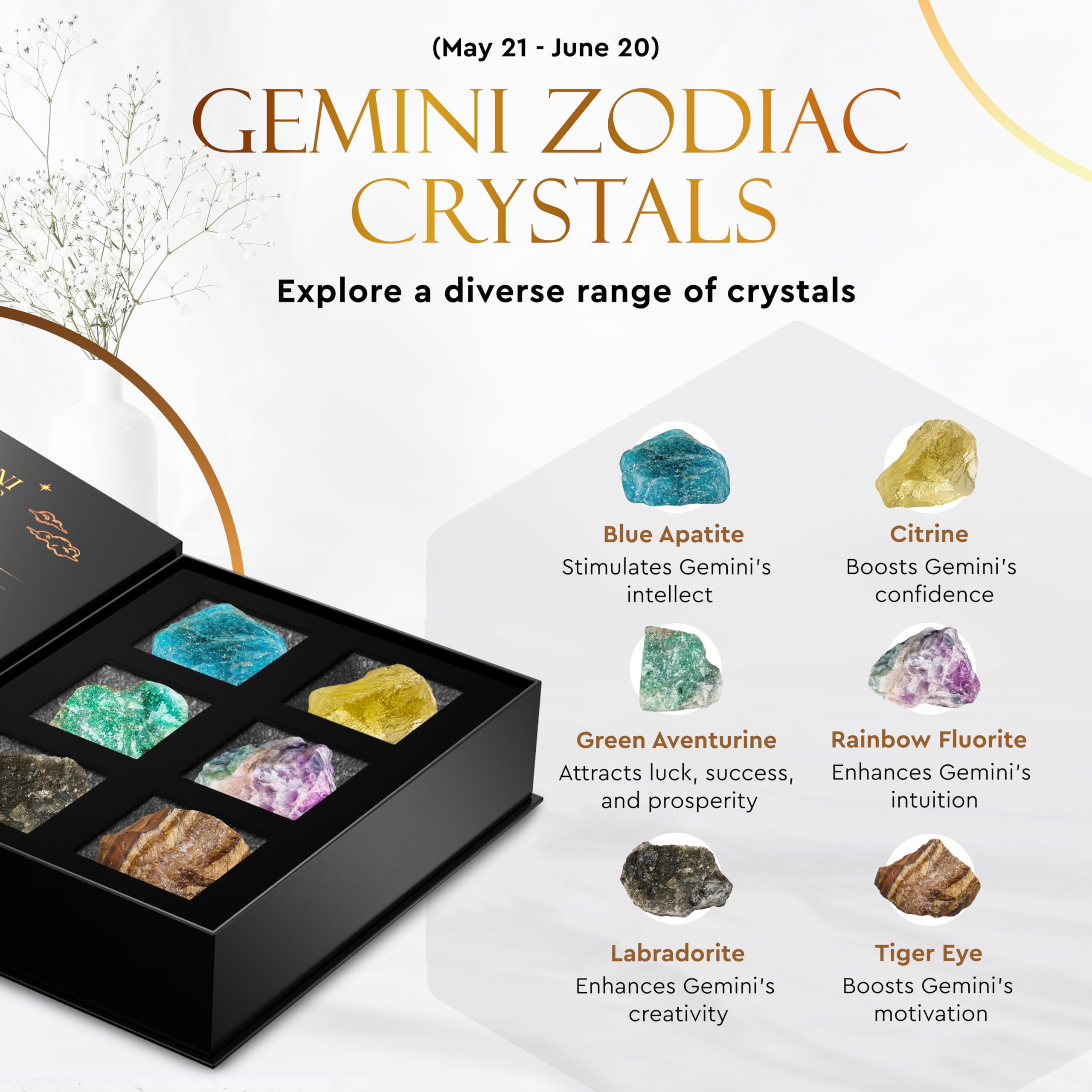 Wyspell Gemini Crystal Set - 6 Raw Natural Healing Stones for Zodiac Gifts, Birthday Presents & Spiritual Healing - Perfect for Meditation, Reiki Energy Work & Astrology Enthusiasts