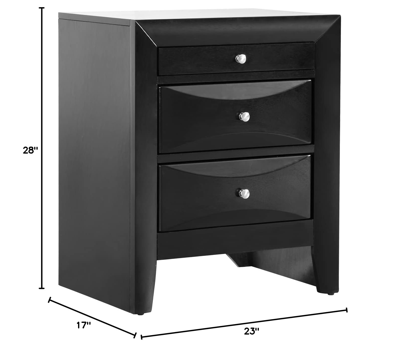 Glory Furniture Marilla 3-Drawer Nightstand in Black - Modern Bedside Table for Bedroom Storage & Organization