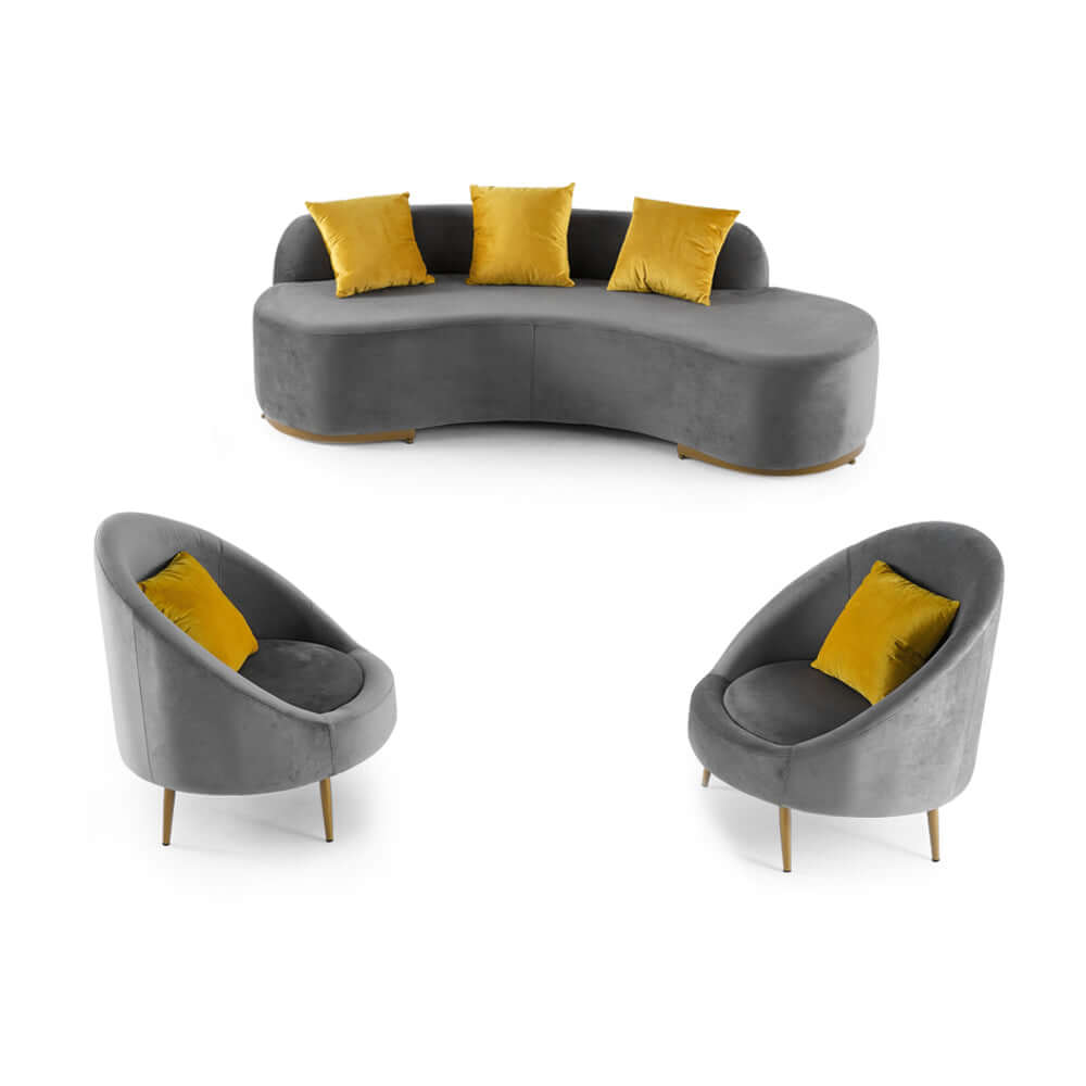 Modern 3-Piece Gray Flannel Upholstered Living Room Sofa Set - 2 Accent Chairs & 3-Seater Couch - Perfect for Small Spaces, Apartments and Cozy Home Decor