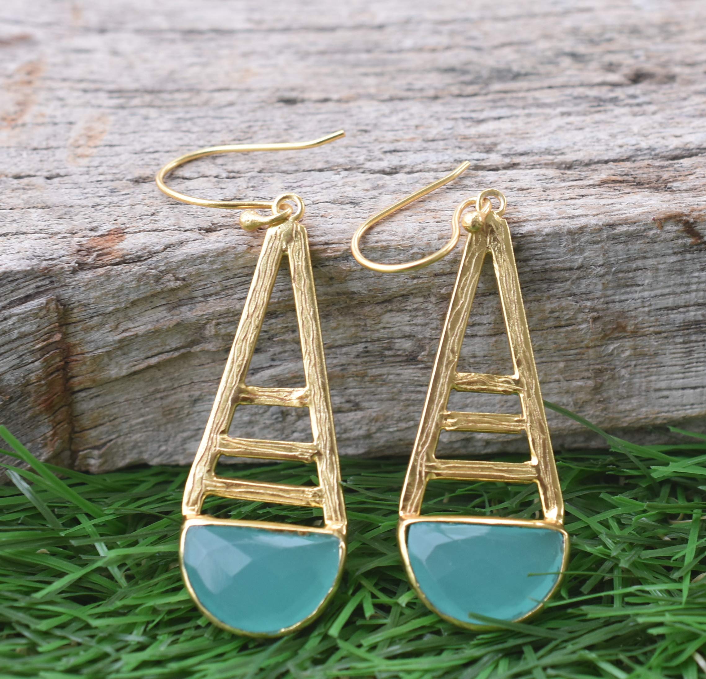 Handmade Gold Filled Aqua Chalcedony March Birthstone Earrings for Women - Crescent Moon Design, Fashion Jewelry Gift for Birthday, Anniversary & Special Occasions | VE-120