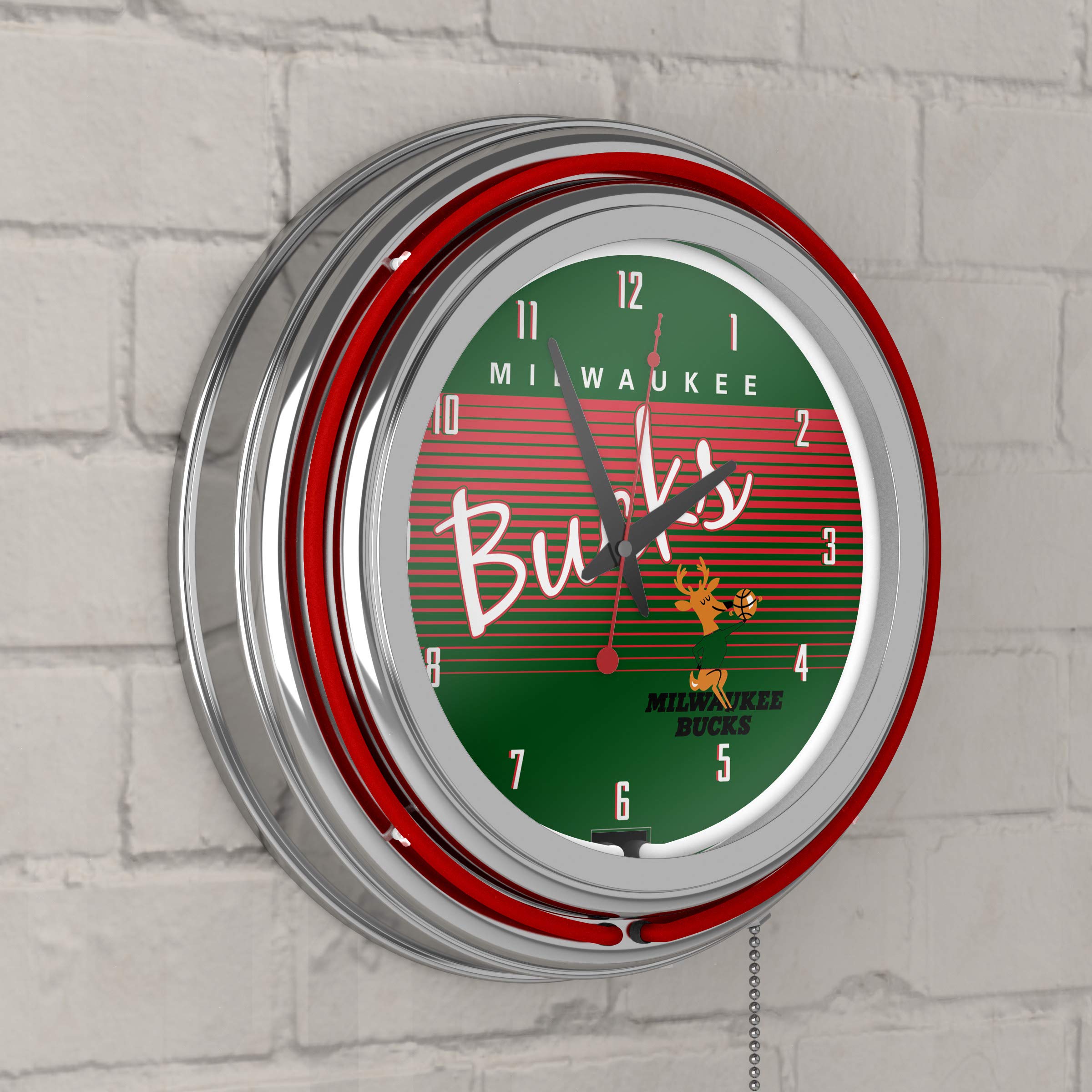 Milwaukee Bucks Hardwood Classics NBA Chrome Neon Clock - Stylish LED Wall Clock for Home, Office, and Game Room Decor