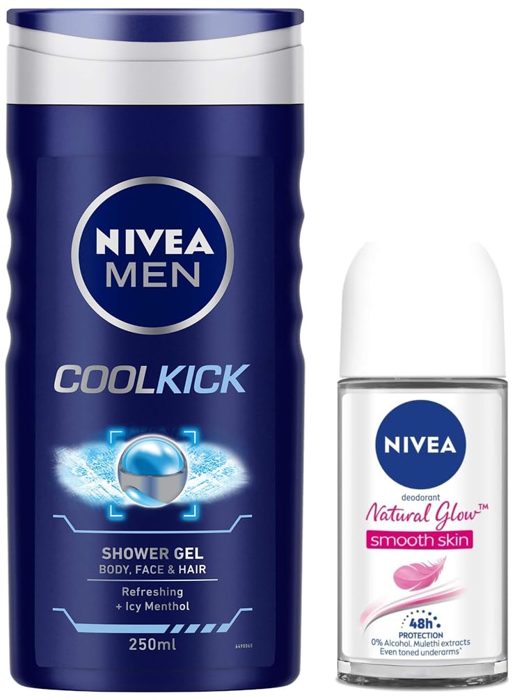 Nivea Women's Whitening Smooth Skin Deodorant Roll-On 50ml & Men's Cool Kick Body Wash Shower Gel 250ml – Fresh All Day for Workouts and Daily Use
