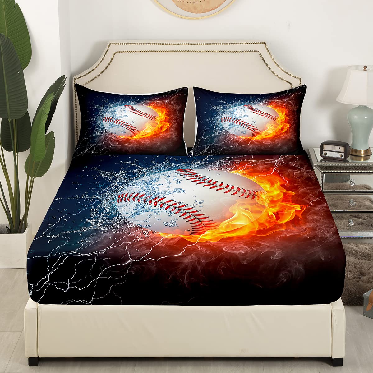 Sports Themed Baseball Bedding Set - Ice & Fire Pattern Microfiber Fitted Sheet with Pillowcase for Twin XL - Soft & Deep Pocket Sheets for Kids, Teens, Boys & Girls - Perfect for Baseball Fans' Bedrooms & Dorm Rooms
