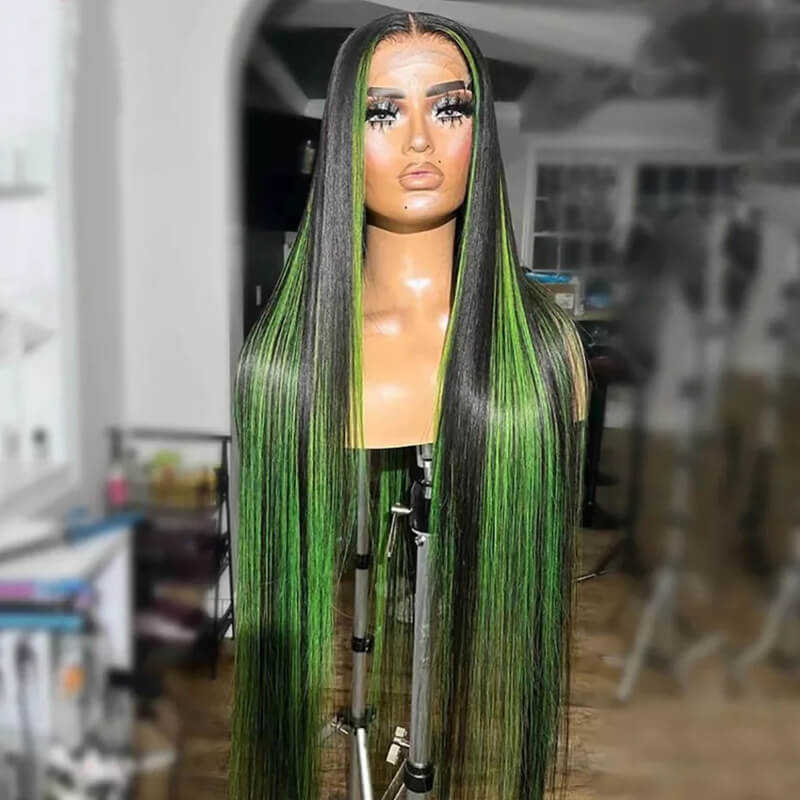 Eullair Red Blue Green Balayage Highlight Straight Lace Frontal Wig for Women - Peekaboo Highlights Human Hair Wig for Daily Wear & Cosplay