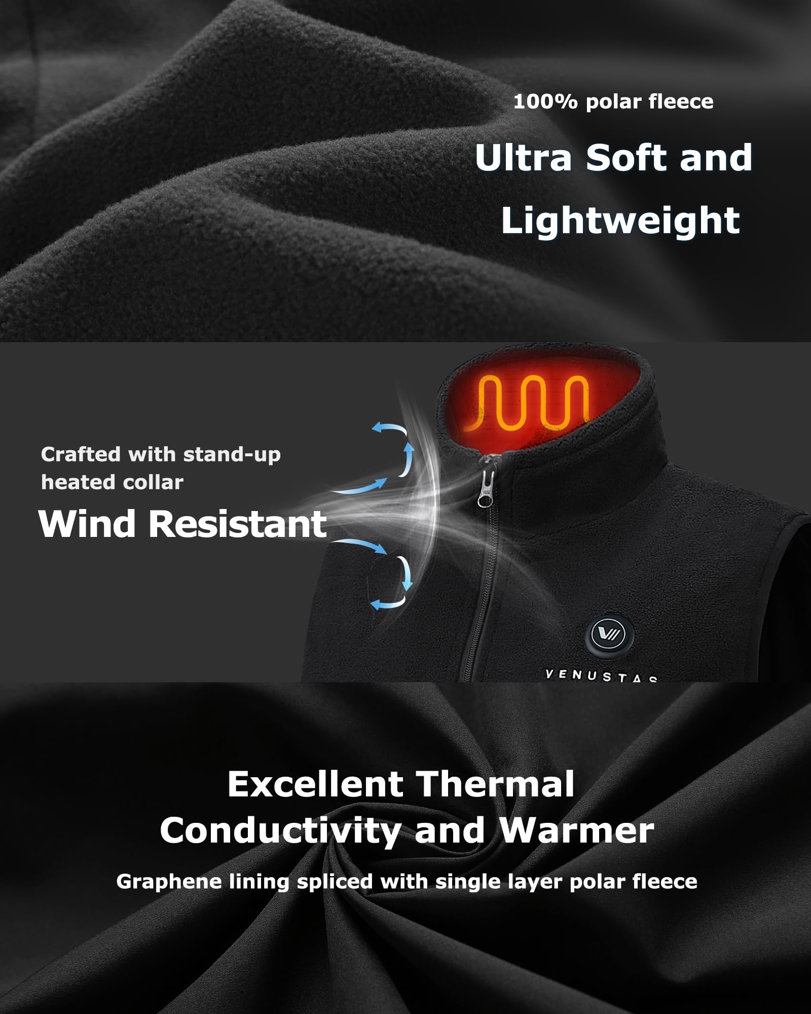 Venustas Men's Heated Fleece Vest with Rechargeable Battery - Lightweight Electric Winter Vest for Outdoor Activities, Hunting & Camping