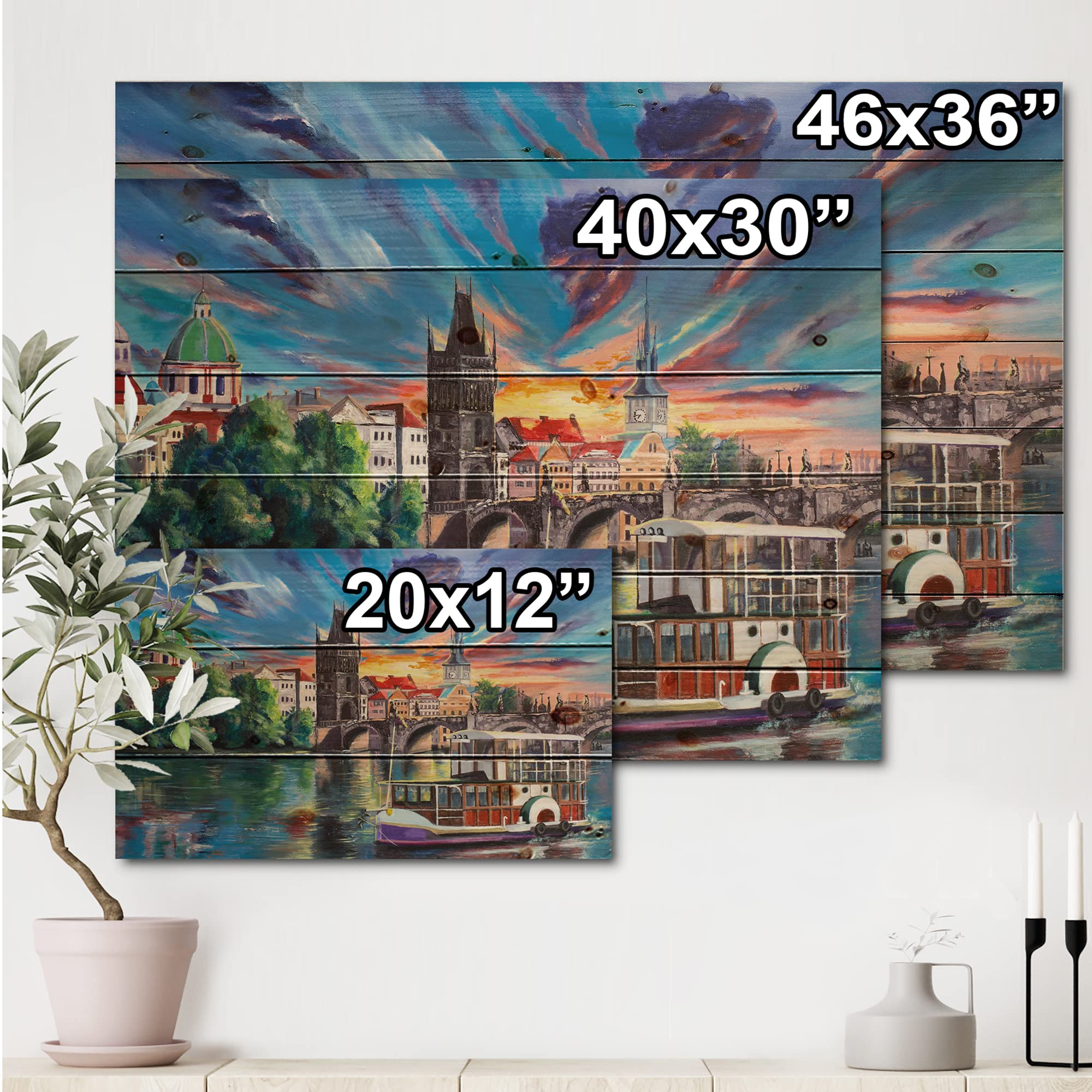 DesignQ Cityview of Prague Sunset Children's Art Wood Wall Decor - Large Green Fantasy Wood Wall Panels Printed on Natural Pine - Perfect for Nursery, Kids Room & Bohemian Home Decor