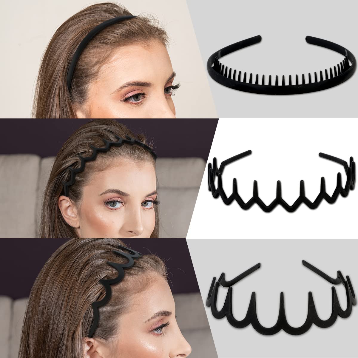 WHAVEL 6 Pack Non-Slip Plastic Headbands for Women & Men - Black Wavy Zig Zag Hair Bands with Teeth Comb for Effortless Styling | Perfect for Summer, Workouts, Yoga and Daily Use