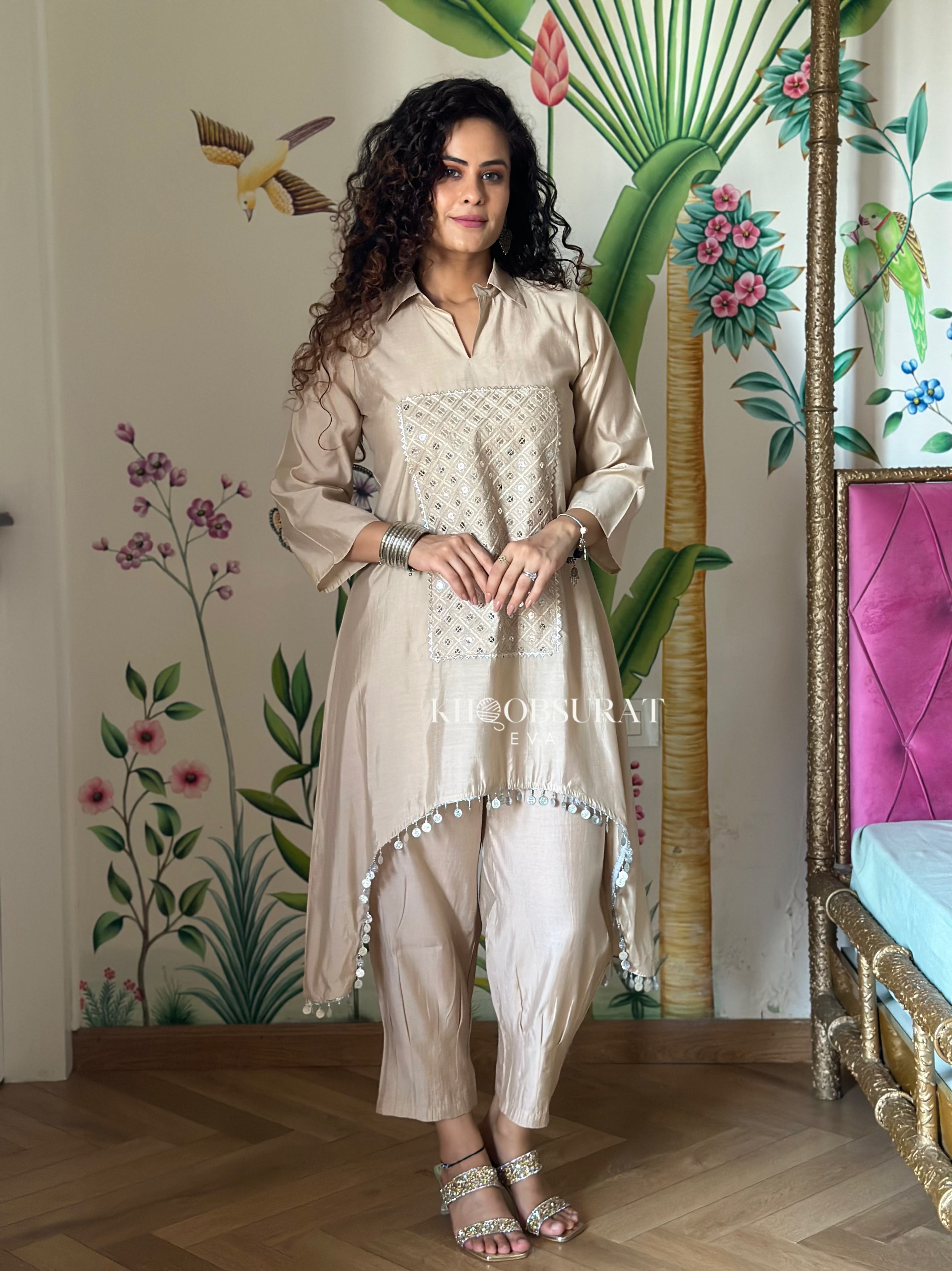 Bonjour Begum Beige Sequin Kurta Set - Elegant Indian Embroidered Top & Pants Outfit for Women | Perfect for Weddings, Parties & Festive Occasions