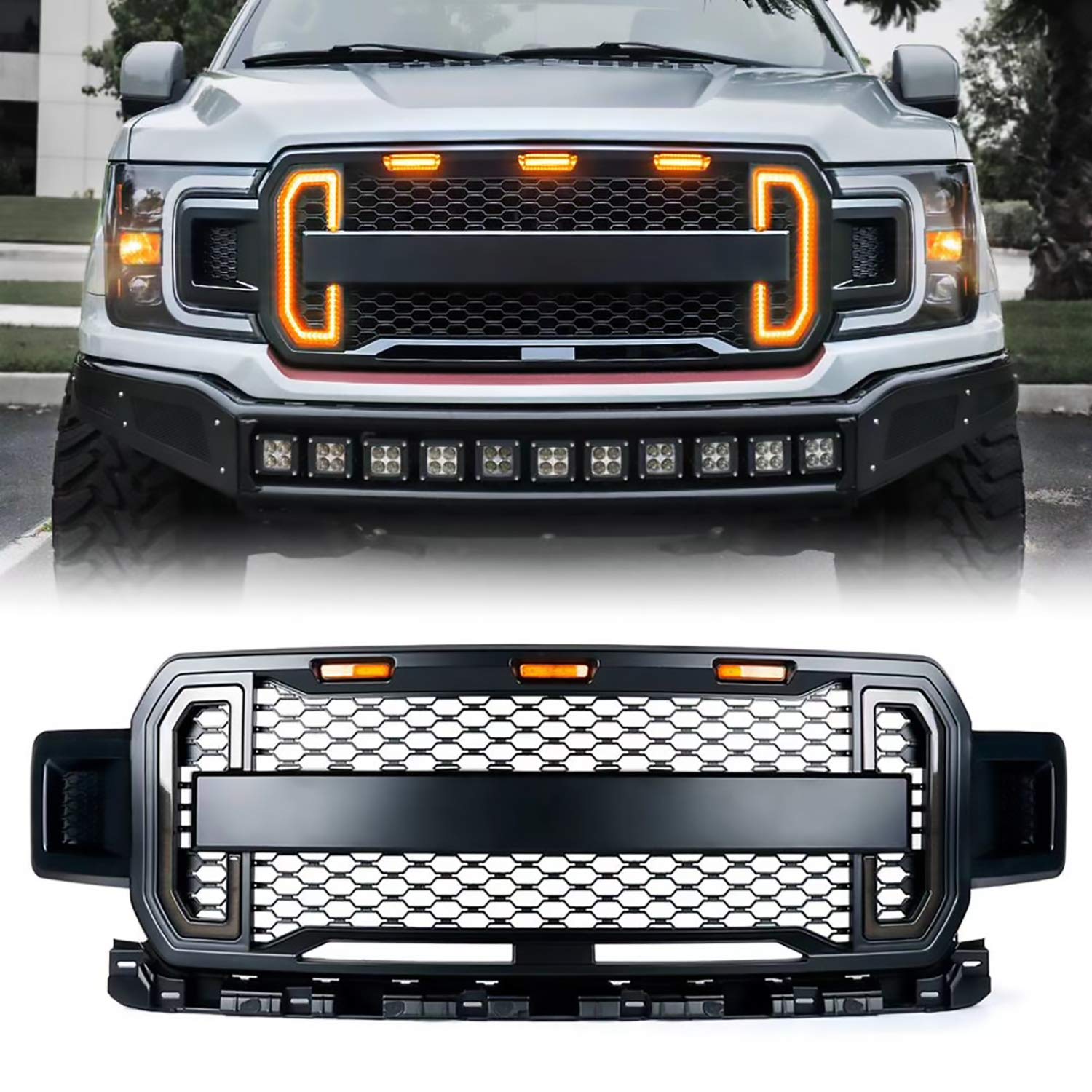 Ford F-150 2018-2020 Front Grill Mesh Grille Replacement with DRL, Turn Signal & 3 Amber LED Lights (Matte Black) - Perfect for Off-Roading, Truck Customization & Enhanced Style