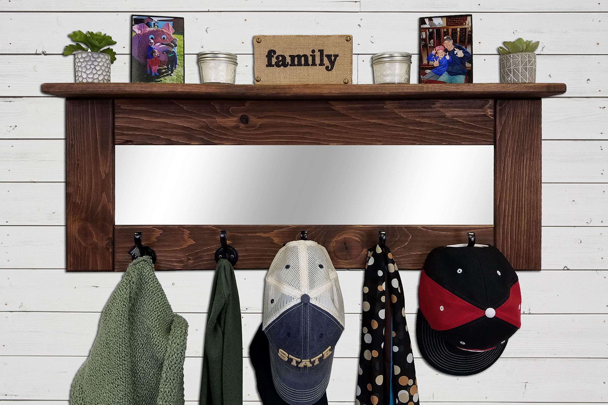Rustic Oxford Farmhouse Wall Hook Coat Rack with Mirror & Shelf - 20 Colors Including Special Walnut | Perfect for Entryway, Bedroom, Bathroom & Mudroom Organization
